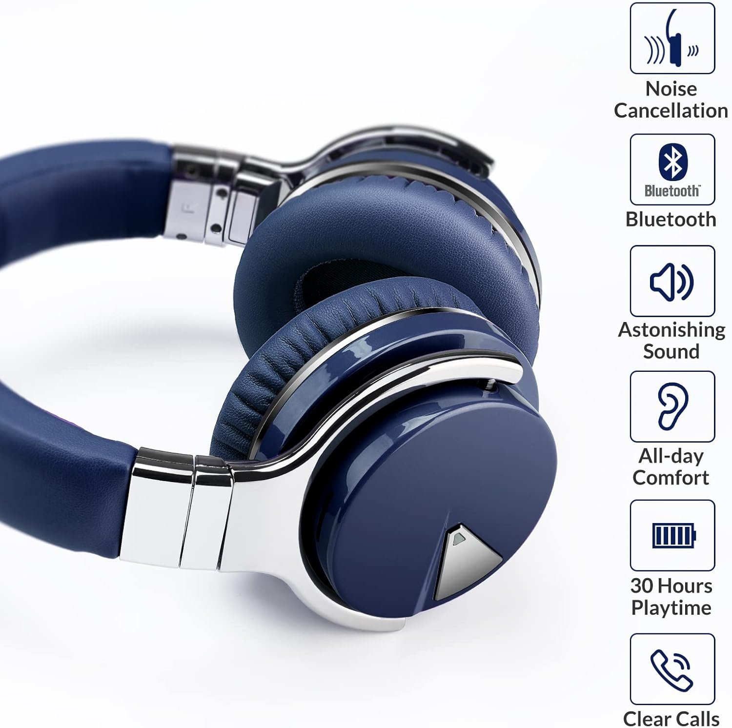 Silensys E7 Active Noise Cancelling Headphones Bluetooth Headphones with Microphone Deep Bass Wireless over Ear, Comfortable Protein Earpads, 30 Hours Playtime for Travel/Work, Navy - Green image number 2