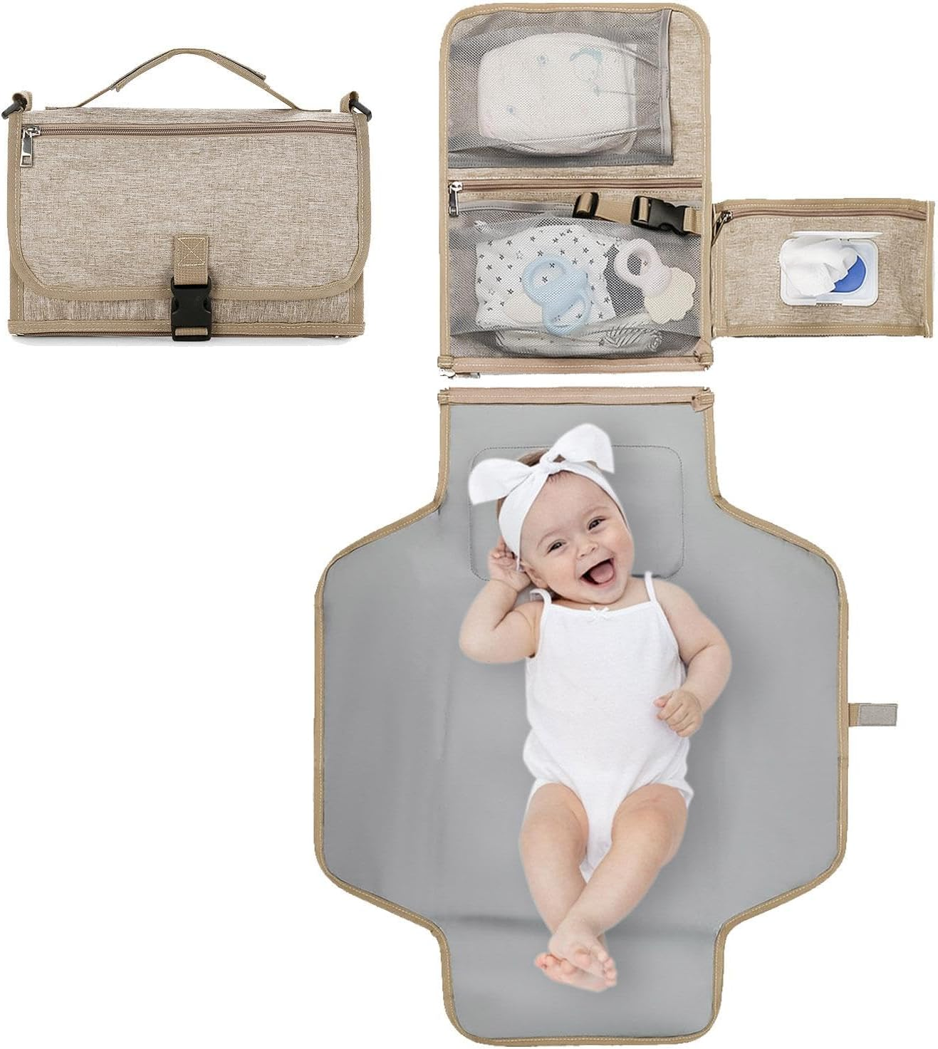 Portable Changing Mat for Children - Portable Nappy Changing Mat, Waterproof Changing Station | Removable Bag for Wet Wipes, Foldable Changing Mat for Children, Foldable Changing Station, B.Khaki image number 1