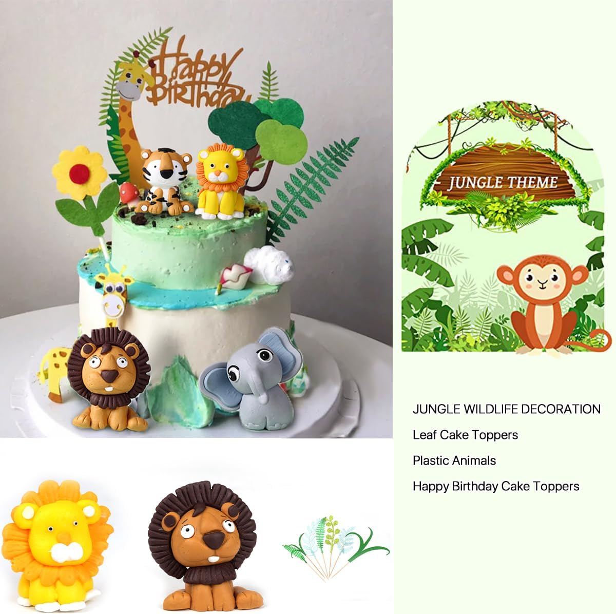 Jungle Safari Animal Cake Toppers, 14Pcs Happy Birthday Animal Cake Decoration Giraffe Tiger Lion Elephant Cake Topper for Jungle Animals Theme Party Baby Showers Kid Birthday Party Supplies image number 3