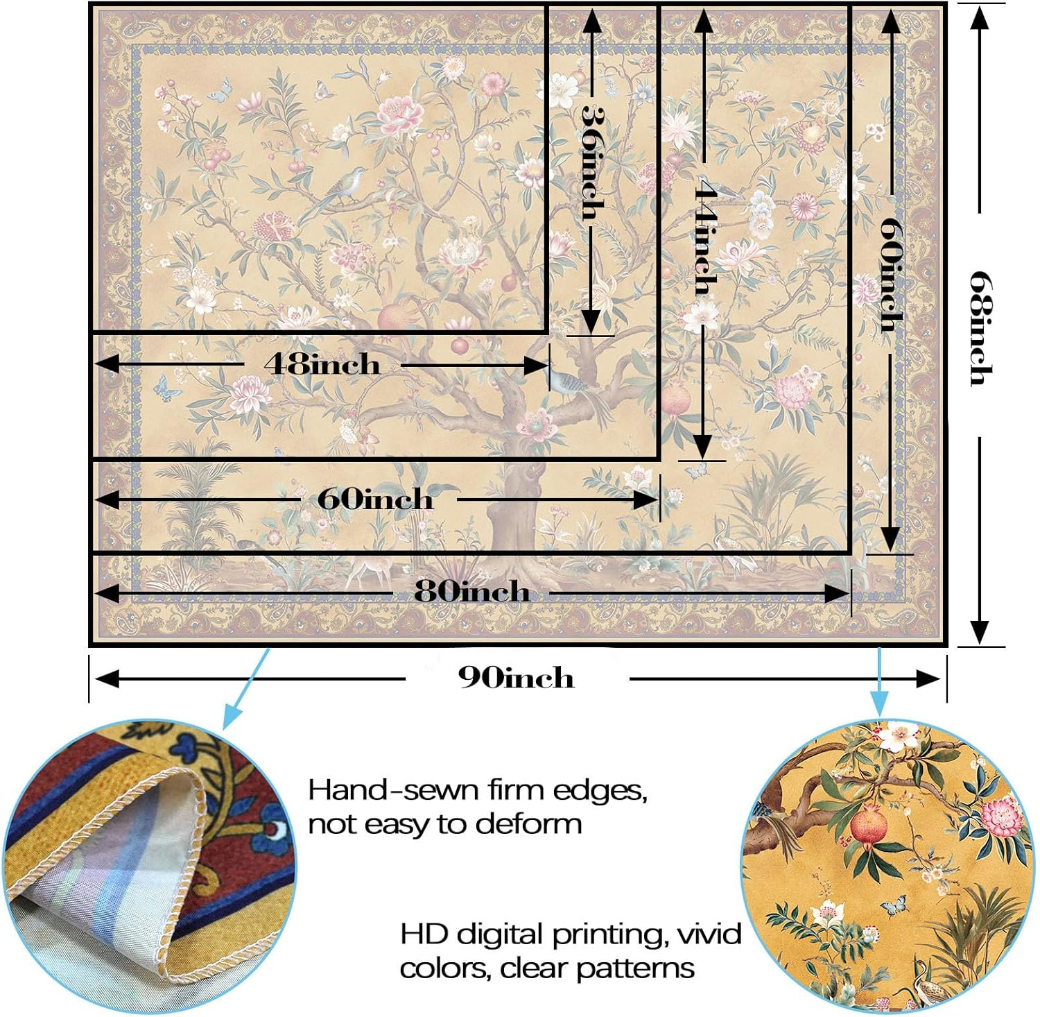Boho Tree of Life Tapestry, Vintage Flower Leaves Birds Plant Animal Pattern Tapestries, Retro Indian Bohemian Aesthetic Wall Hanging Orange Yellow 36&times;48 Inch image number 2