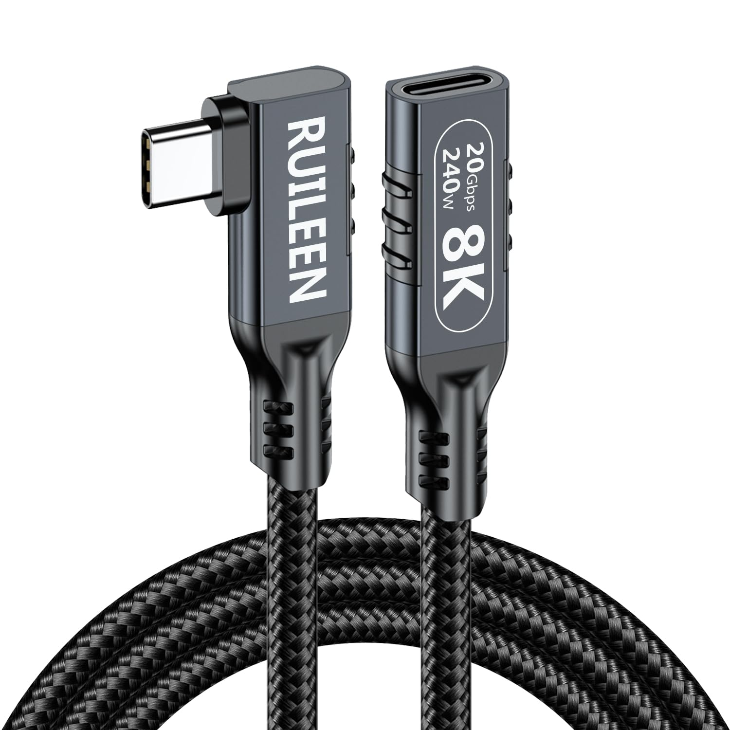 240W 20Gbps USB-C Right Angle Extension Cable [5 M], USB-C Male to Female 90 Degree Extender,5A Fast Charge 8K Video Support, Nylon Braided & Aluminum Housing for Macbook/Ipad Pro/Galaxy (Black) image number 3