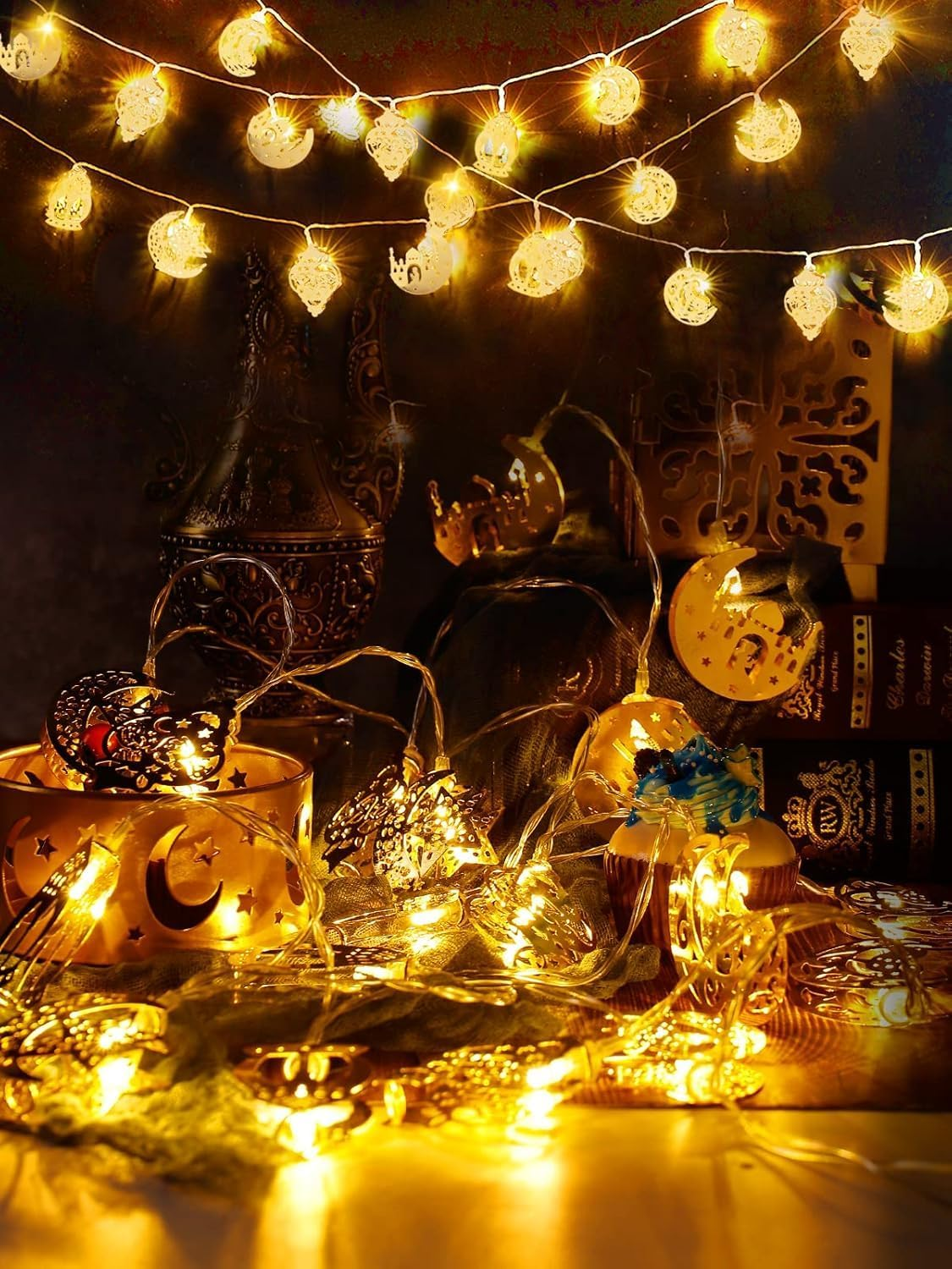Ramadan Light Decorations, Battery Operated 20 LED EID Mubarak Lights, Bronze Metal Moon Star Lantern String Lights for Home, Mantle, Window, Tree, Bedroom, Classroom Decor image number 2