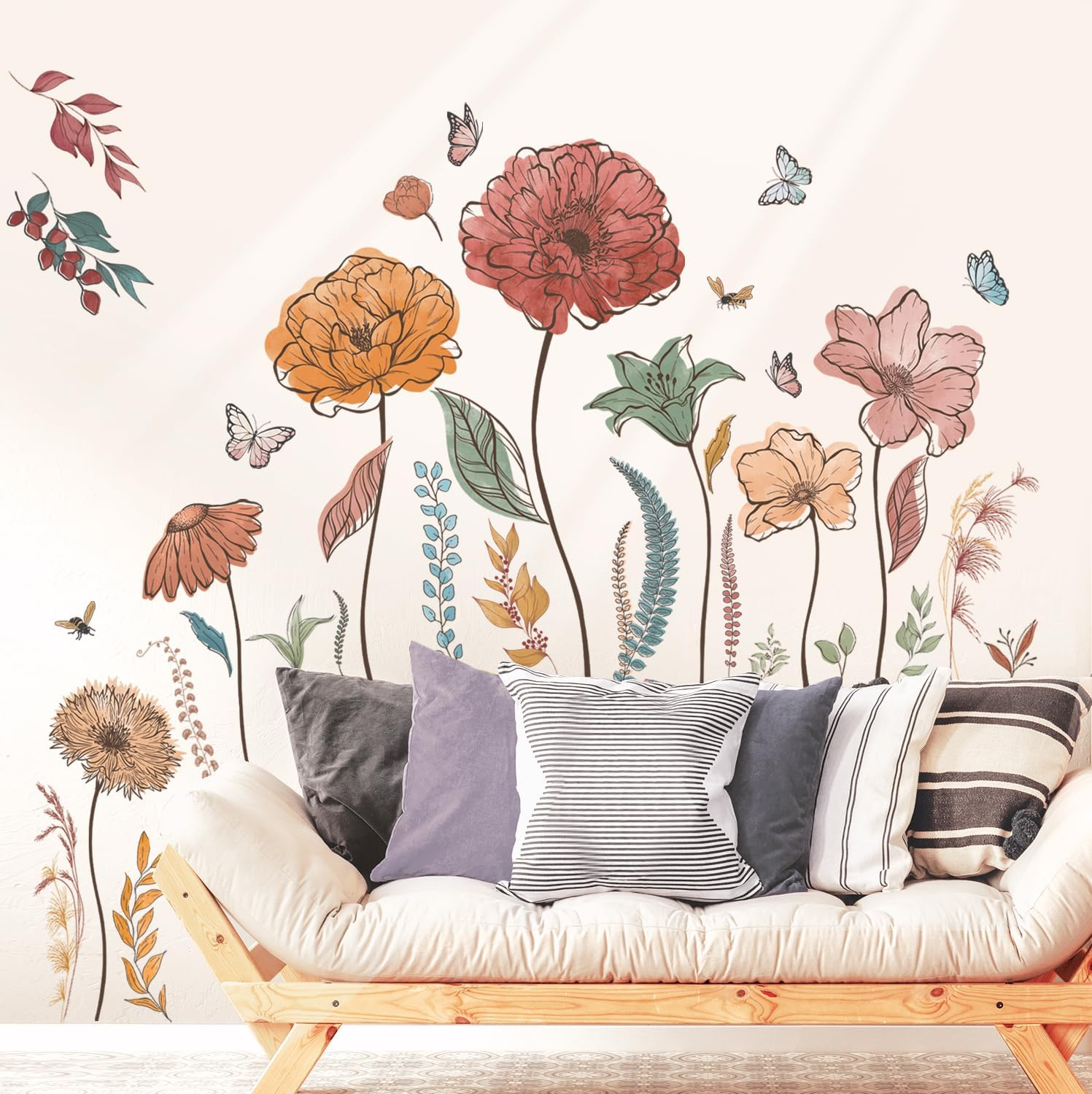DECOWALL SG2-2420 Boho Flowers Wall Stickers Wildflower Floral Grass Garden Bedroom Living Home DIY Decor Art Colorful Pink Plants Removable Murals Nursery Leaves Leaf Potted Decoration image number 4