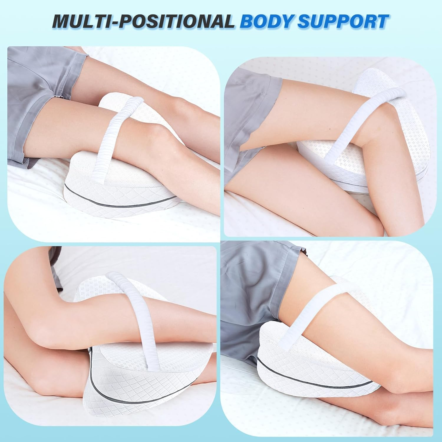 Knee Pillow, Soft Memory Foam Leg Pillows, Cool Ice Silk Hip Support Pillow for Side Sleeper, Body Pillow for Spine Alignment, Sciatica Relief, Post Injury Recovery - with Adjustable Strap (White) image number 2