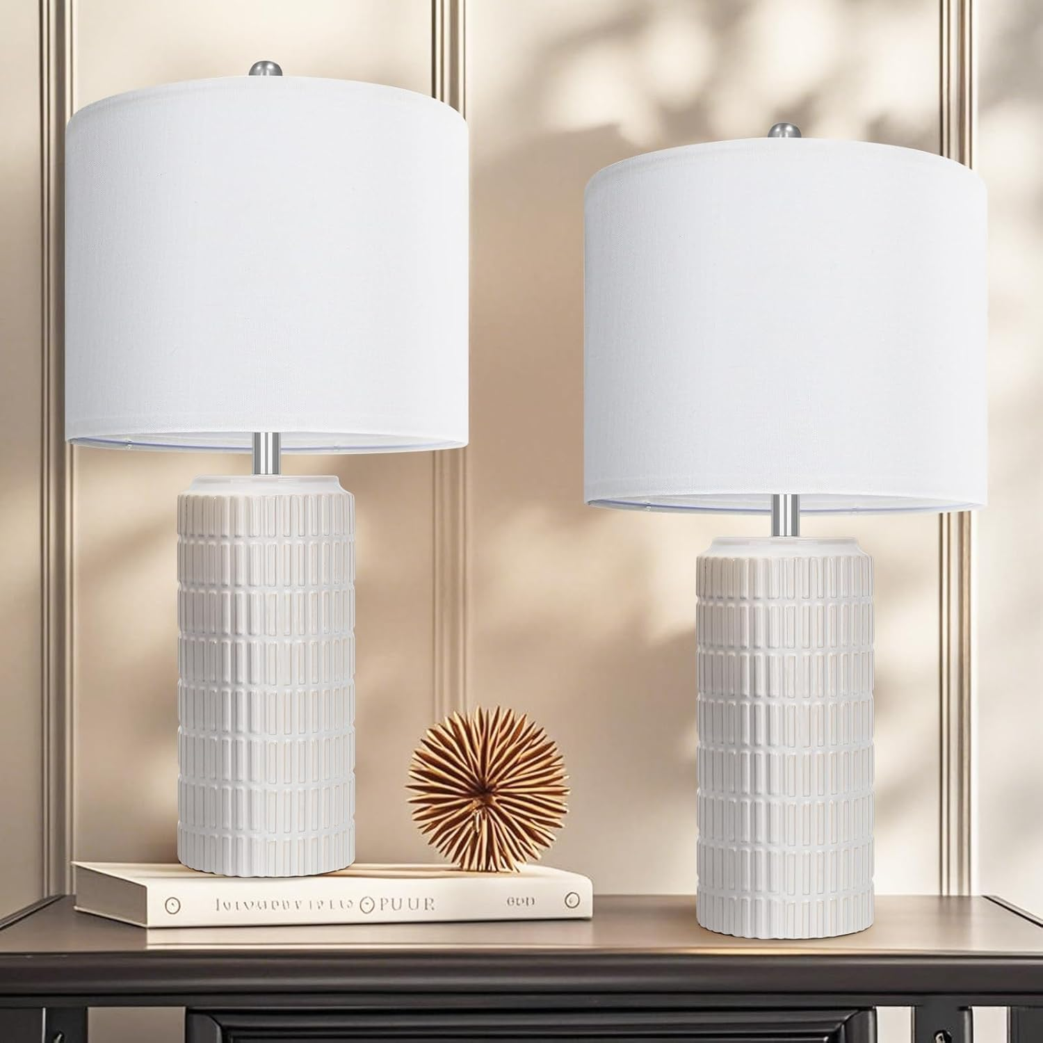 Webcem Ceramic Bedside Table Lamps Set of 2 with 3 Color Temperatures, Modern Lamps for Living Room Bedroom Bathroom Office Hotel Entrance Hall, Nightstand Lamps with White Linen Shade image number 3