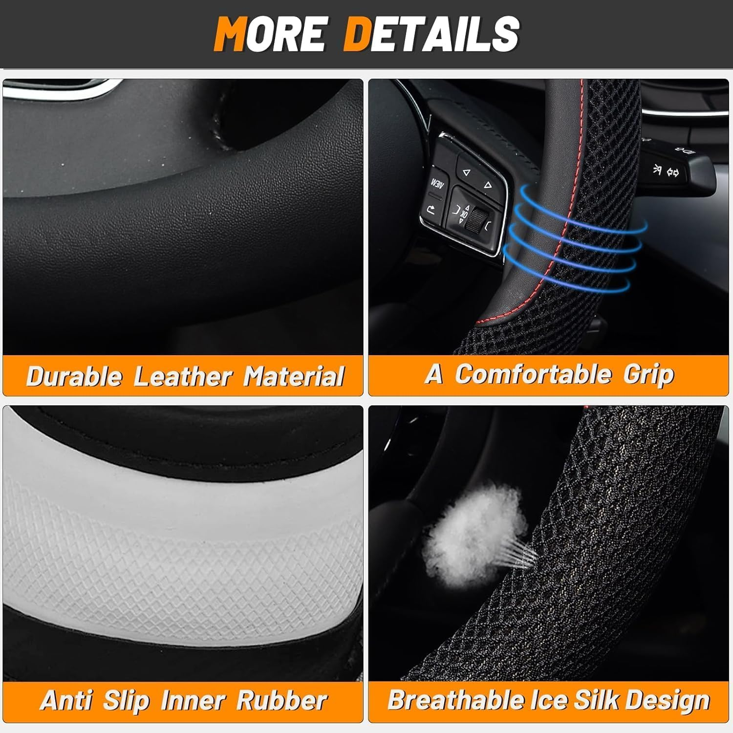Carodi Microfiber Leather Ice Silk Steering Wheel Covers, Ultra-Thin, Comfortable, Non-Slip, Breathable, Universal 15 Inches (Black) image number 1