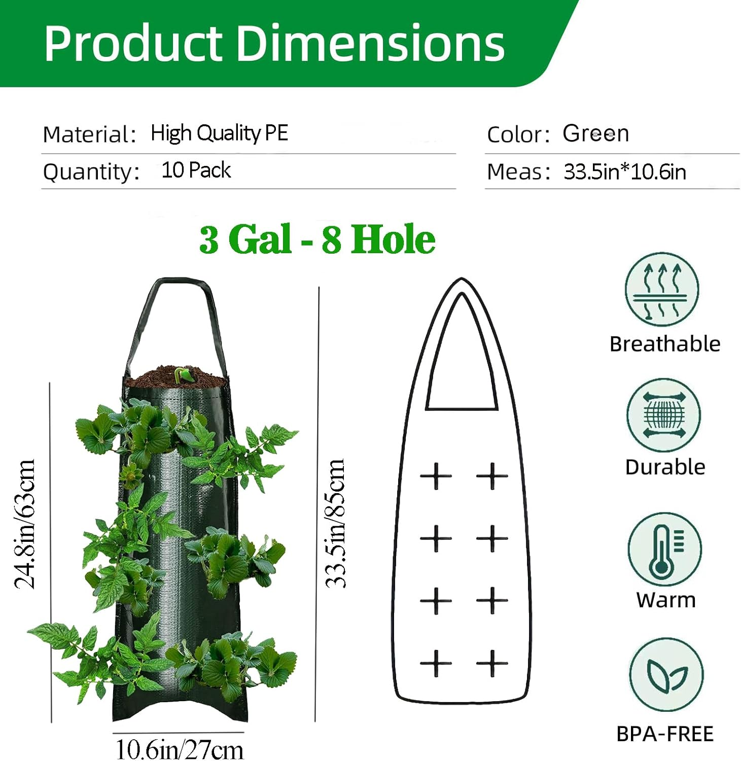 Upside down Strawberries Grow Bags,10 Pack Garden Hanging Strawberry Grow Bag, Hanging Strawberry Planter with Planting Pockets, Hanging Planter for Strawberries,Tomatoes, Chili, Herbs, Vegetables image number 4