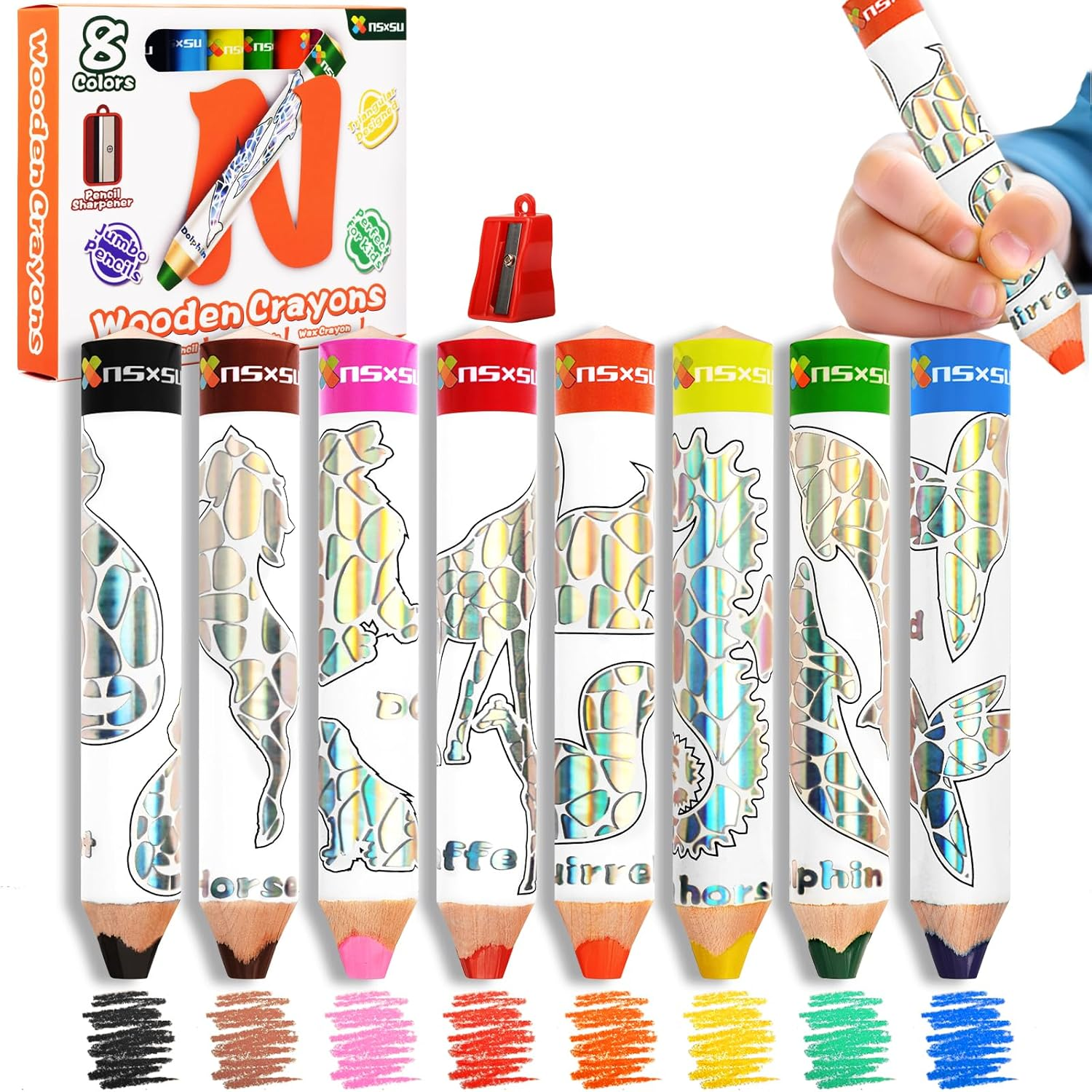 Nsxsu Wooden 3 in 1 Jumbo Crayons for Toddlers & Kids, Chunky Washable Bath Crayon, Water Soluble Thick Colored Pencils, Fat Triangular Color Pencil with Sharpener, Easy-Grip (Classic Color, 8) image number 2