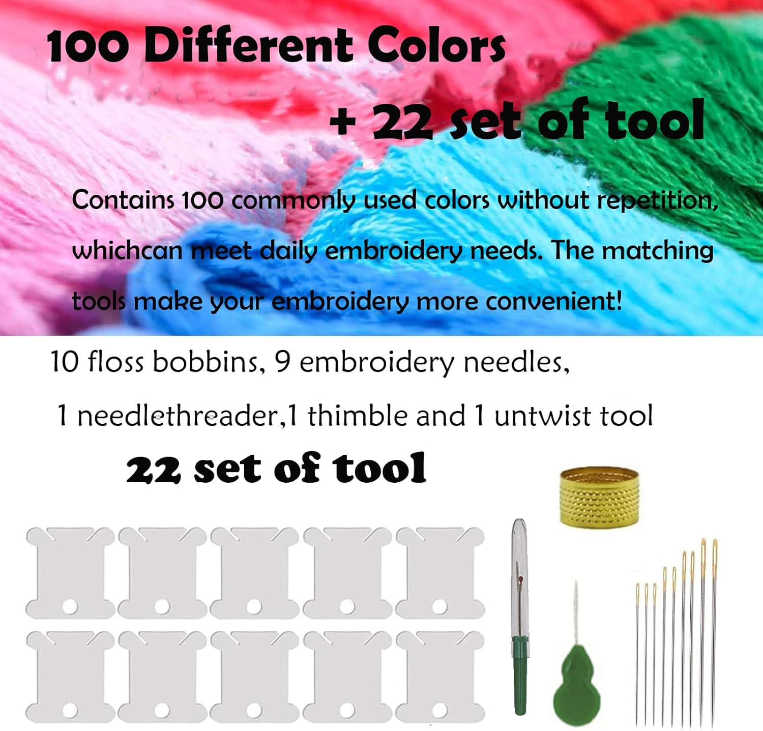 Embroidery Floss Kit - 100 Colors Thread for Cross Stitch, Sewing, Bracelet Crafts + 22 Pcs Accessories (100 Bags) image number 6