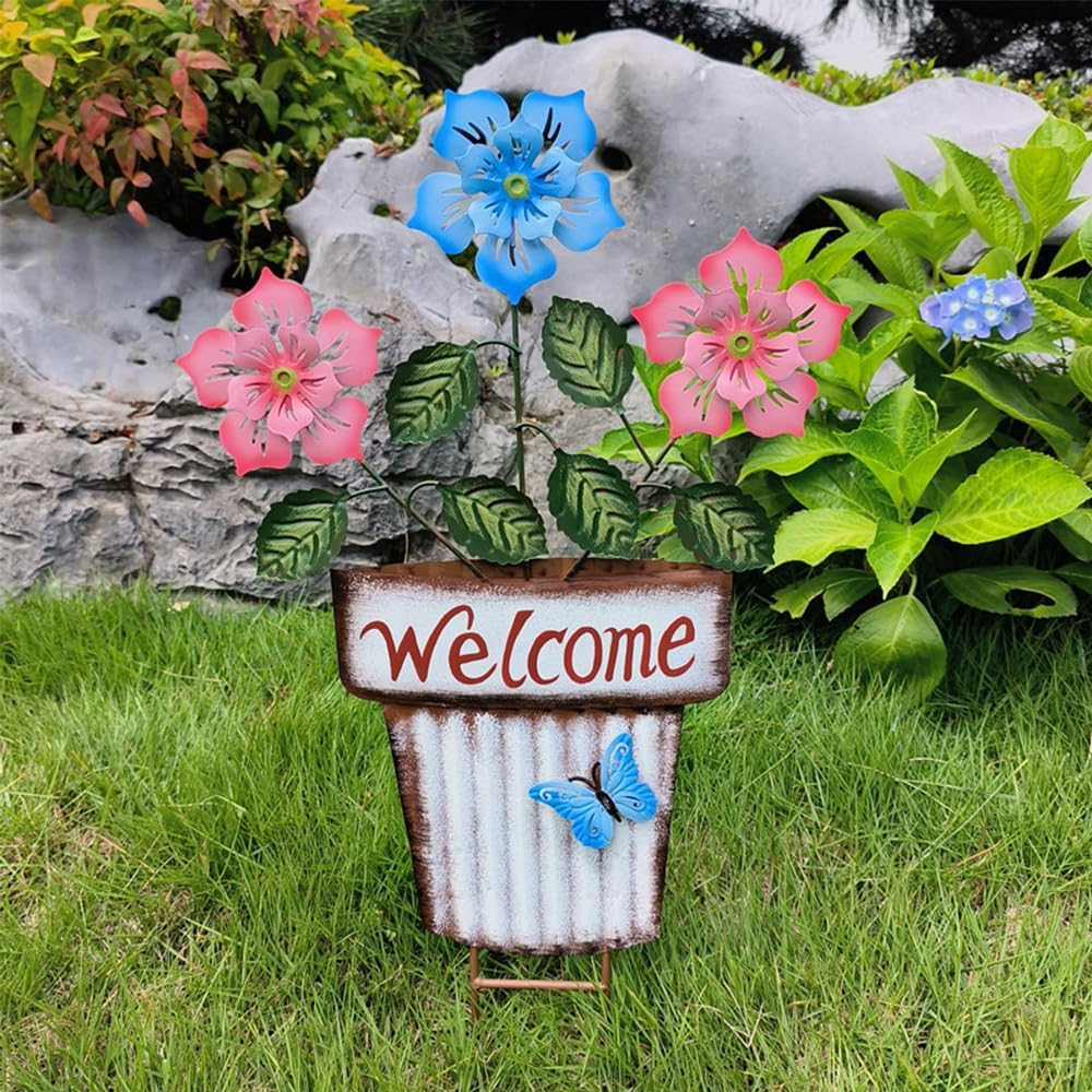 Decorative Garden Stakes, Metal Flower Pot Garden Decor, Welcome Yard Signs for Outdoor Lawn Backyard Patio Porch Pathway Decorations image number 6