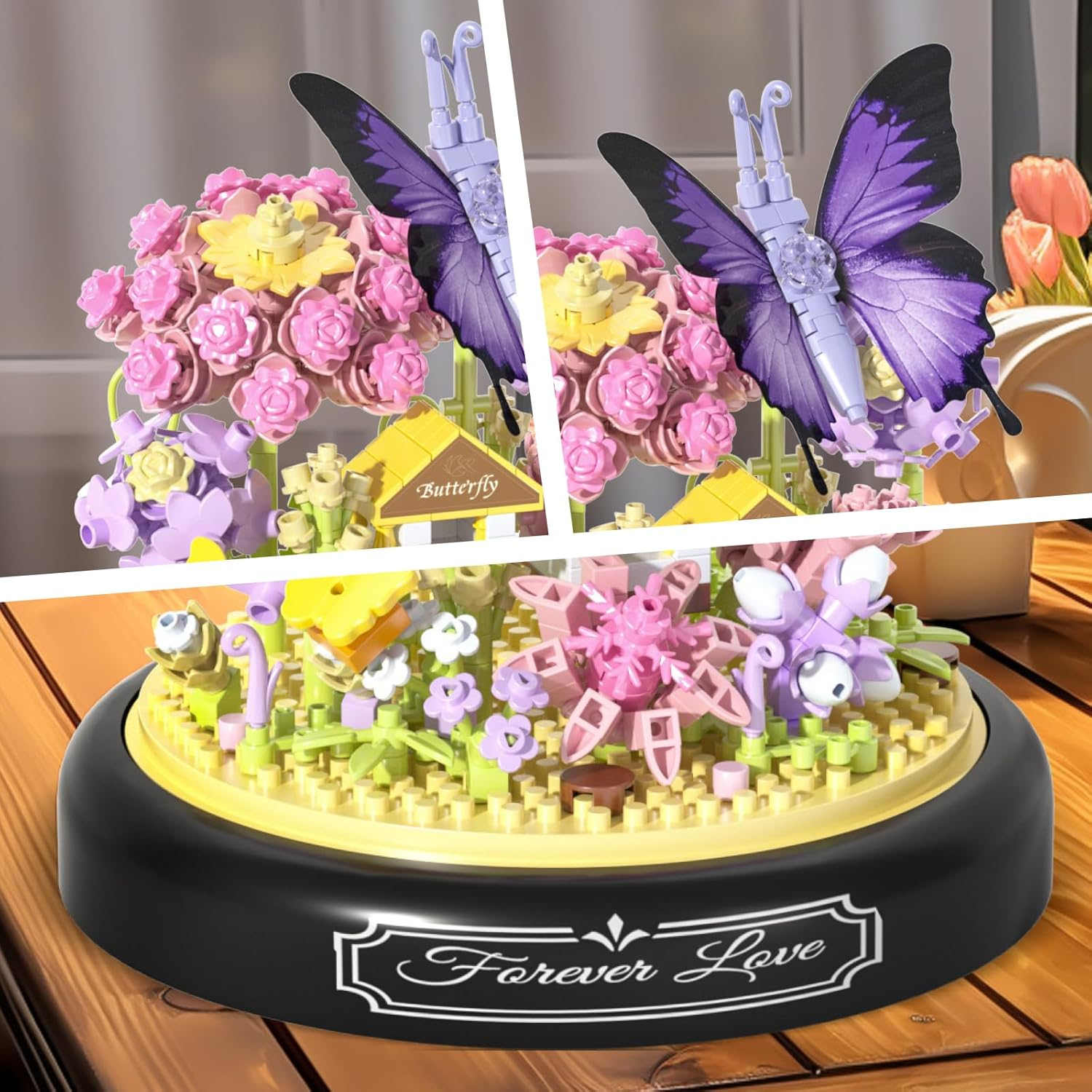 TOY PLAYER Purple Butterfly Flowers Micro Mini Building Block Set, Flowers Insect Clamping Blocks Building Blocks with Dustproof Dome and Base, Gift for Girls from 6 Years (582 Pieces) image number 1