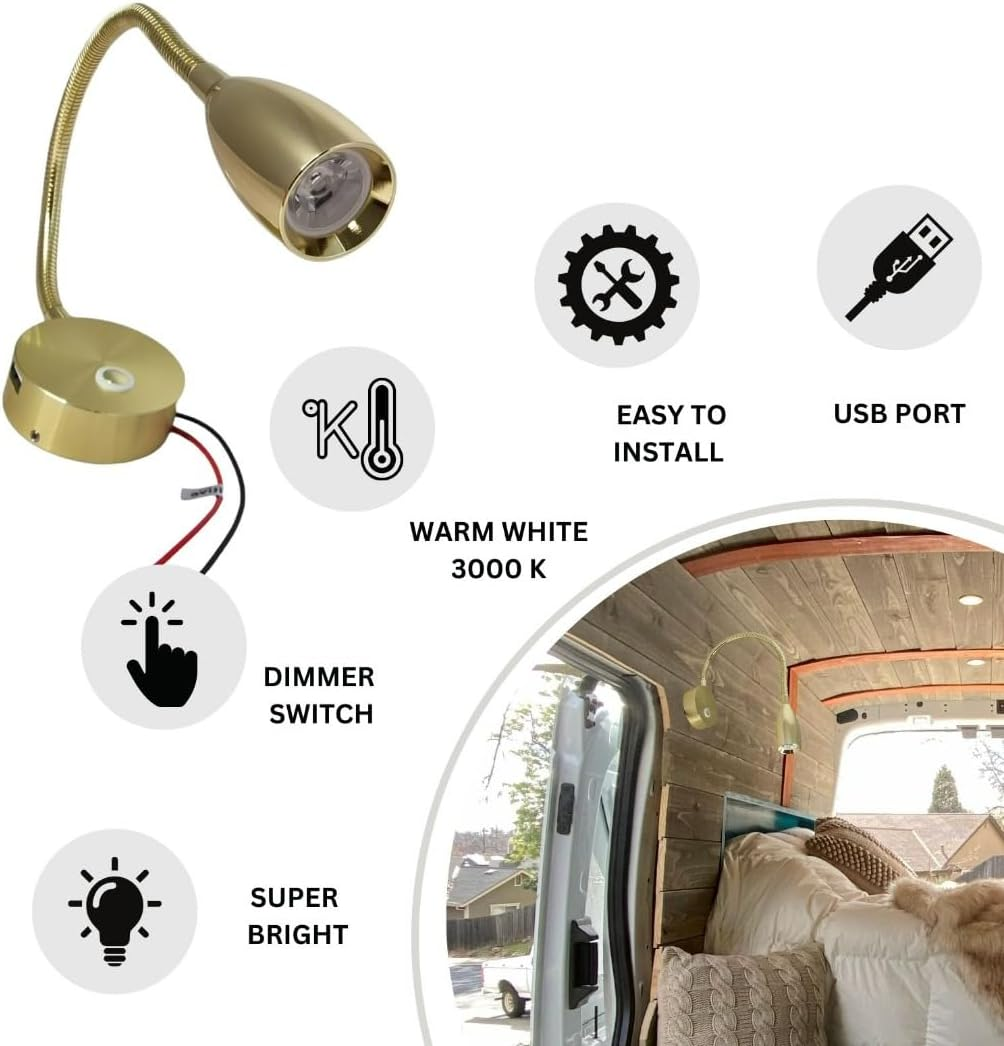 MARVIX LED Flexible Gooseneck Reading Light 12V 24V Spotlight Touch Switch Dimmable USB Charging Port Map Lamp for Motorhome Campervan Boat image number 5