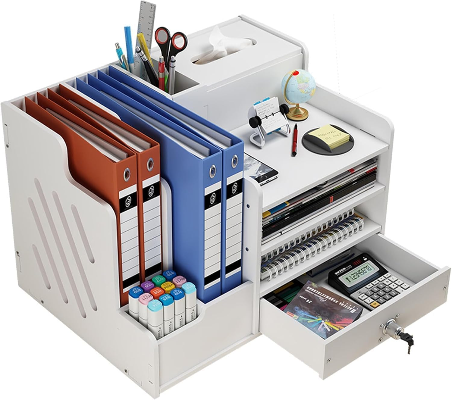 Bamboo Desk Organizer, Desktop Wood Bookshelf File Organizer, Pen Holder and Tissue Holder, 1 Drawer with Lock for Office, Home, Need to Install (Wood Color)