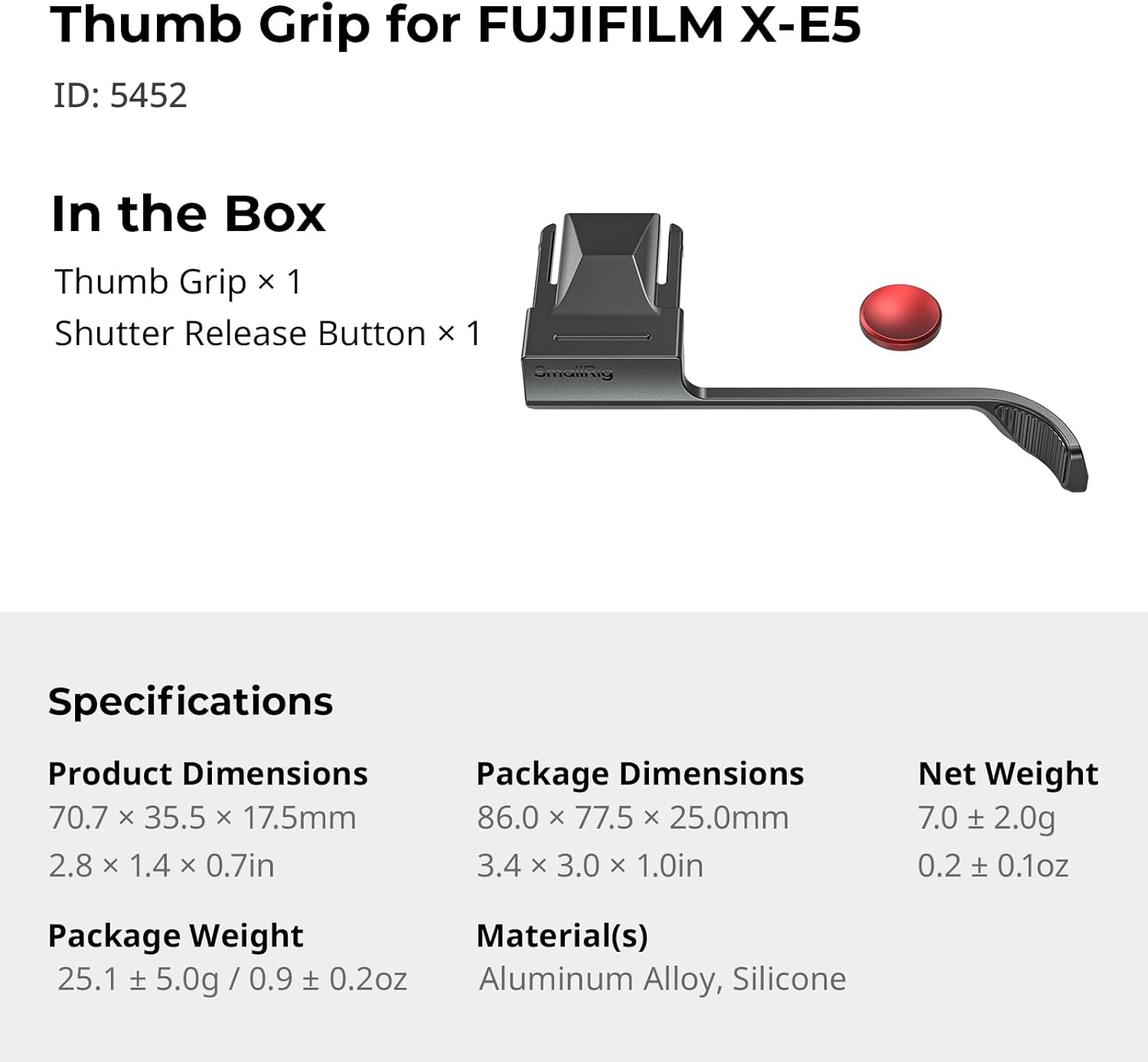 SMALLRIG Thumb Grip with Hot Shoe Cover for FUJIFILM X-E5 (Black) - 5452 image number 2