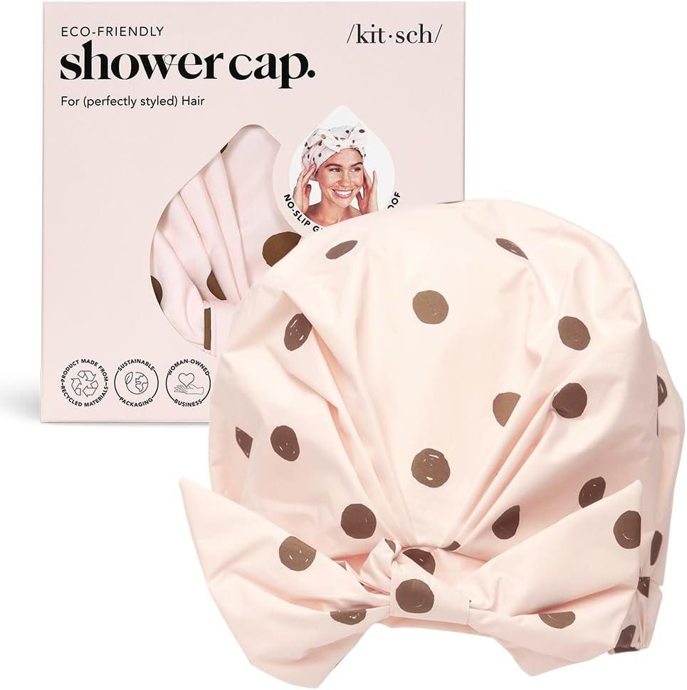 Kitsch Luxury Shower Cap for Women - Reusable Shower Cap for Long Hair with Non Slip Silicone Grip | Waterproof Hair Cap for Shower One Size | Stylish Hair Cover for Shower (Blush Dot)