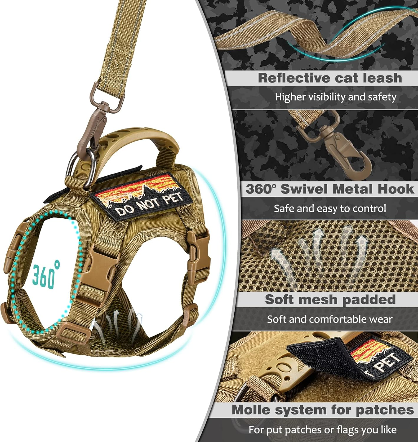 Nanappice Tactical Cat Harness and Leash for Walking Esacpe Proof,Adjustable Soft Mesh Large Cat Vest with Rubber Handle Easy to Control,Molle Pathes - Came Khaki image number 6
