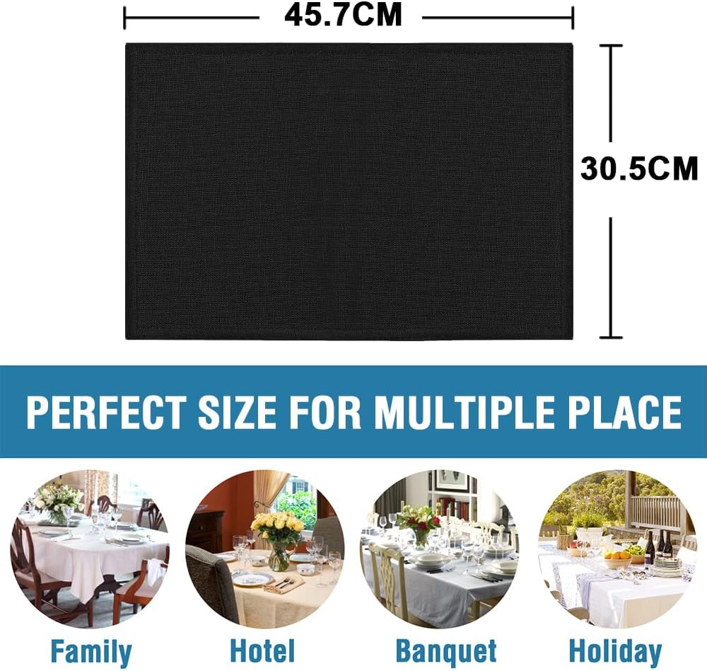 Linen Placemats for Dining Table,Rectangular Placemat Set of 6 Spill-Proof Waterproof & Heat Resistanttable Mats for Kitchen Washable Solid Table Mats, Black, 46X30Cm image number 2