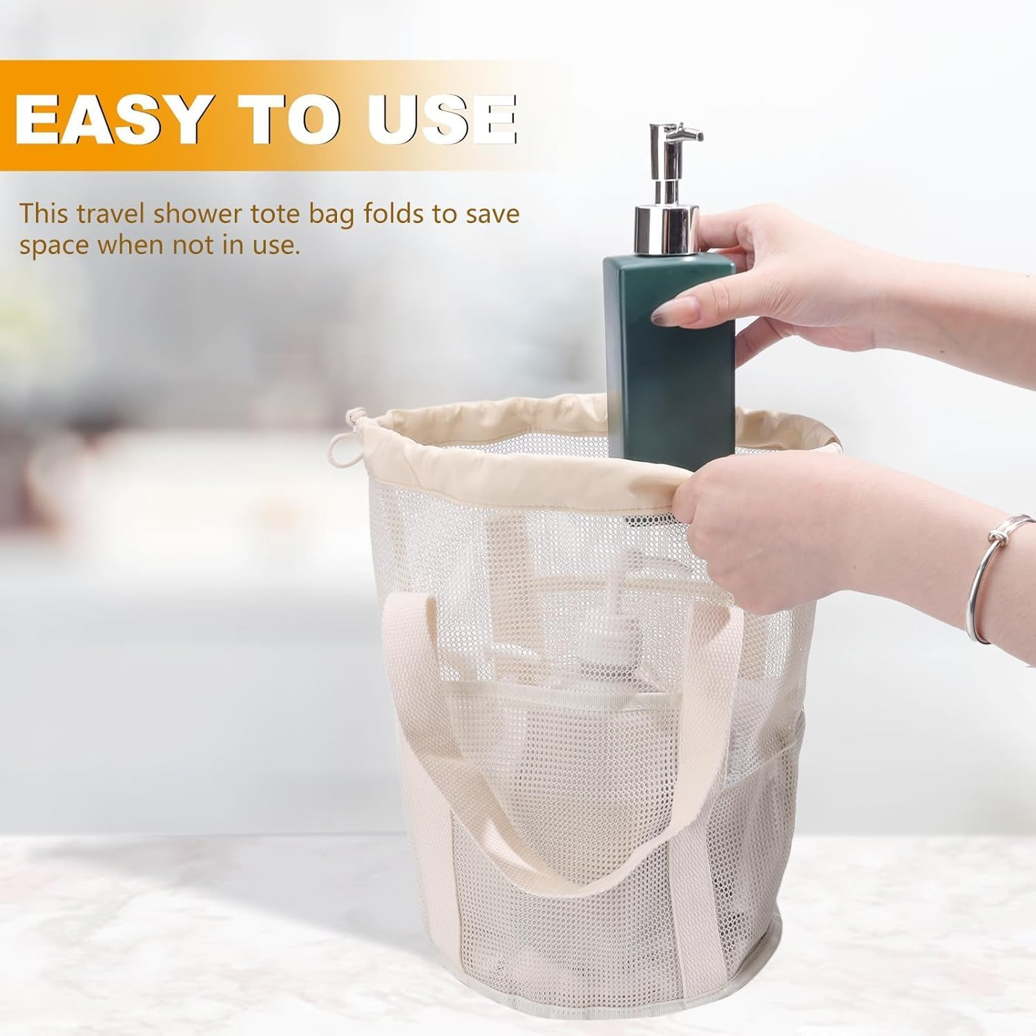 Hanging Bathroom Shower Tote Bag with Drawstring and Side Pockets, 1Pc Quick Dry Mesh Shower Caddy Bag with Handle,Quick Dry Mesh Toiletry Bath Bag for Swimming Gym image number 4