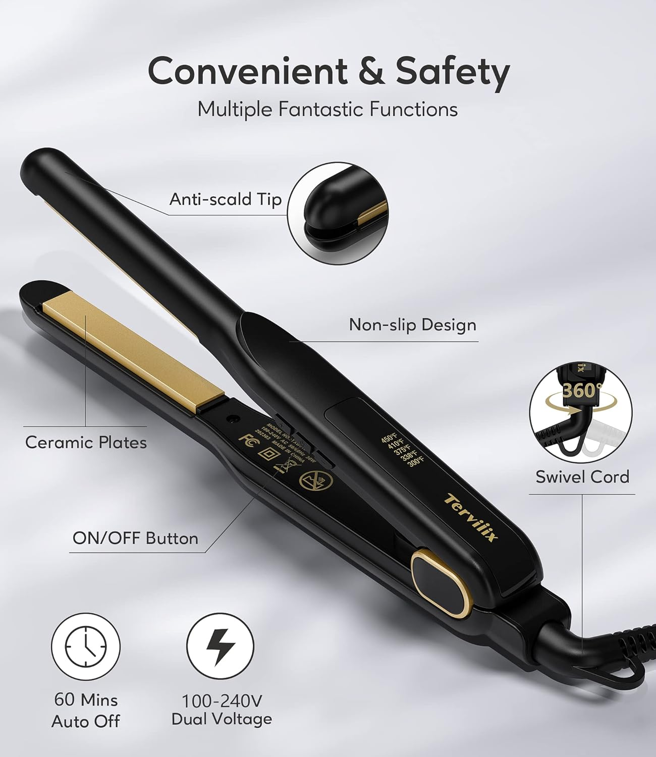 Terviiix Small Flat Irons for Short Hair, Pencil Flat Iron Hair Straightener for Edges, Mini Flat Iron for Pixie Cut & Touch Ups, Hair Straightener and Curler 2 in 1, Dual Voltage, 1/2", Black Gold image number 4