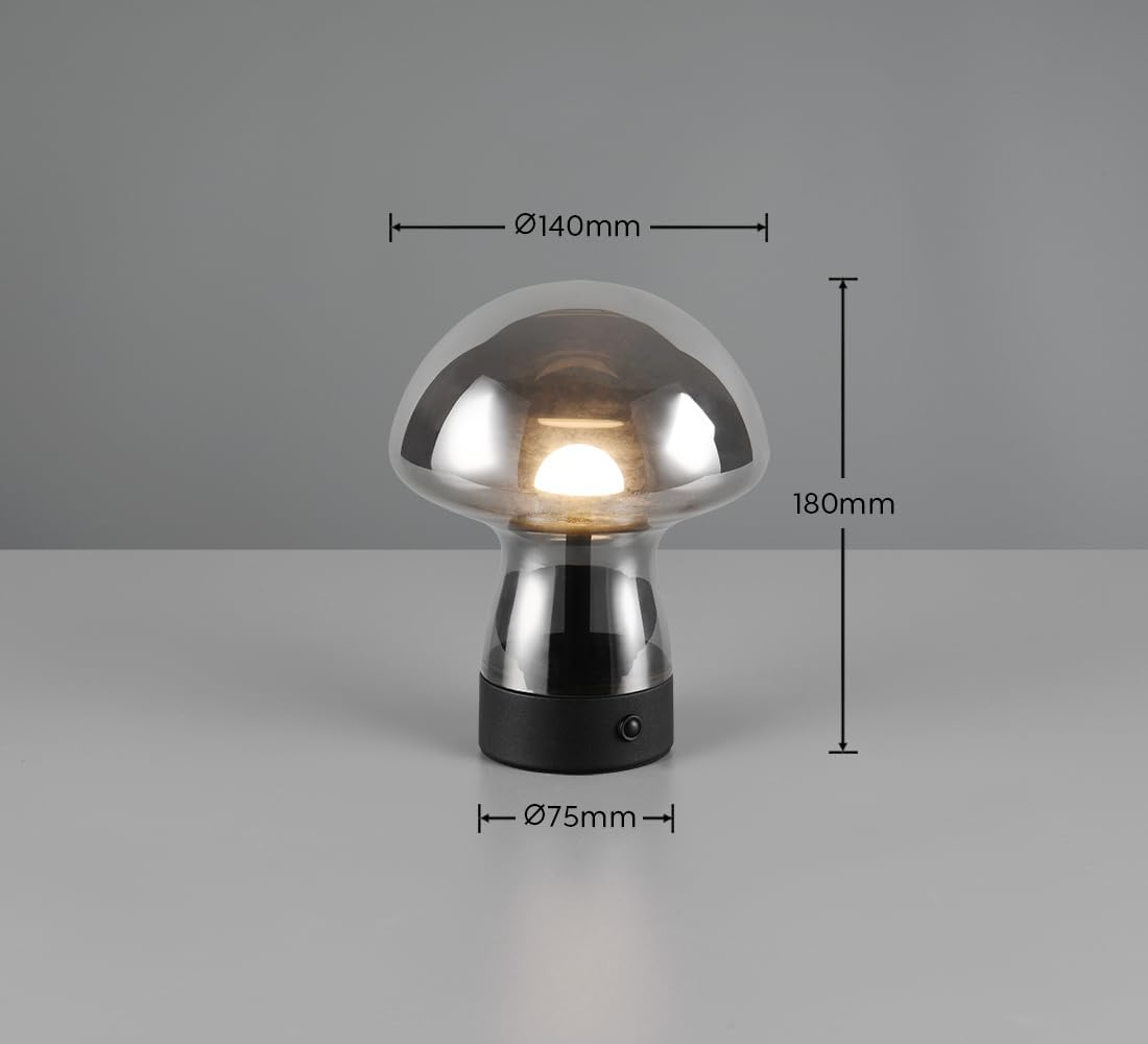 Reality Leuchten Dooley R54981154 LED Battery-Powered Table Lamp Metal Black Matt Glass Smoky-Coloured Includes 1.5 Watt LED, 4-Way Touch image number 3