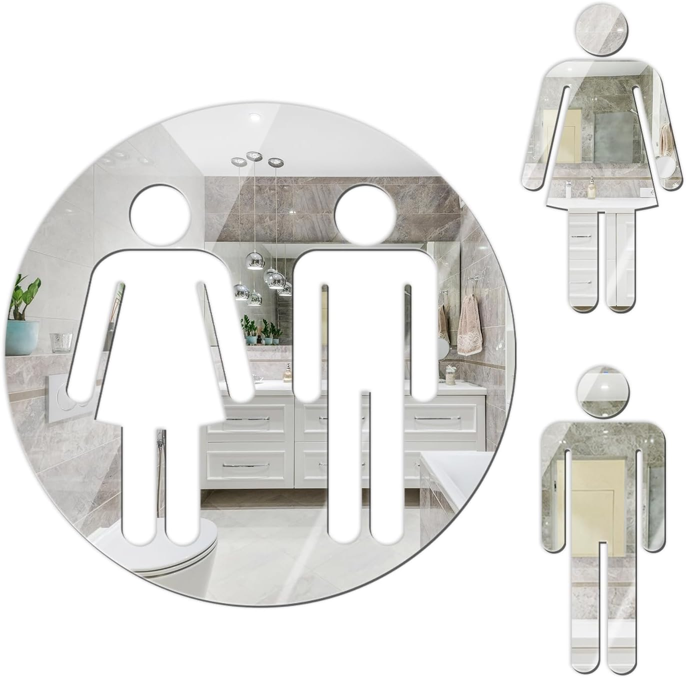 All Gender Restroom Sign Peel and Stick, Acrylic Mirror Sticker Gender Neutral Bathroom Signs Wall Decor Decal, Vinyl Unisex Bathroom Door Sign, Men and Women Toilet Sign for Home, Silver