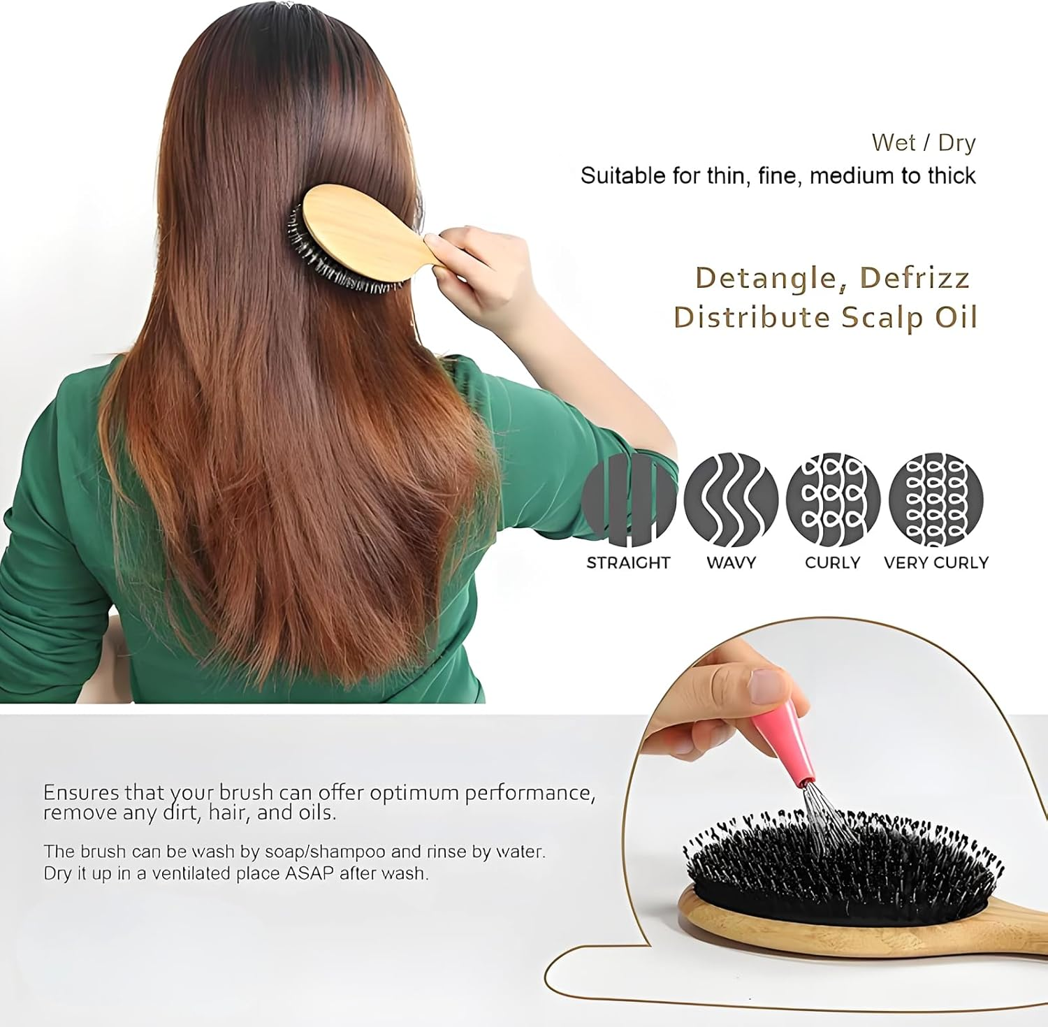 100% Natural Bristle Hair Brush | Eco-Friendly Brush Hair for Women, Men & Kids | Massaging, Detangling Hair Brush for All Hair Types | Enhances Shine,Slick Back Burshes,Bamboo Hair Brush