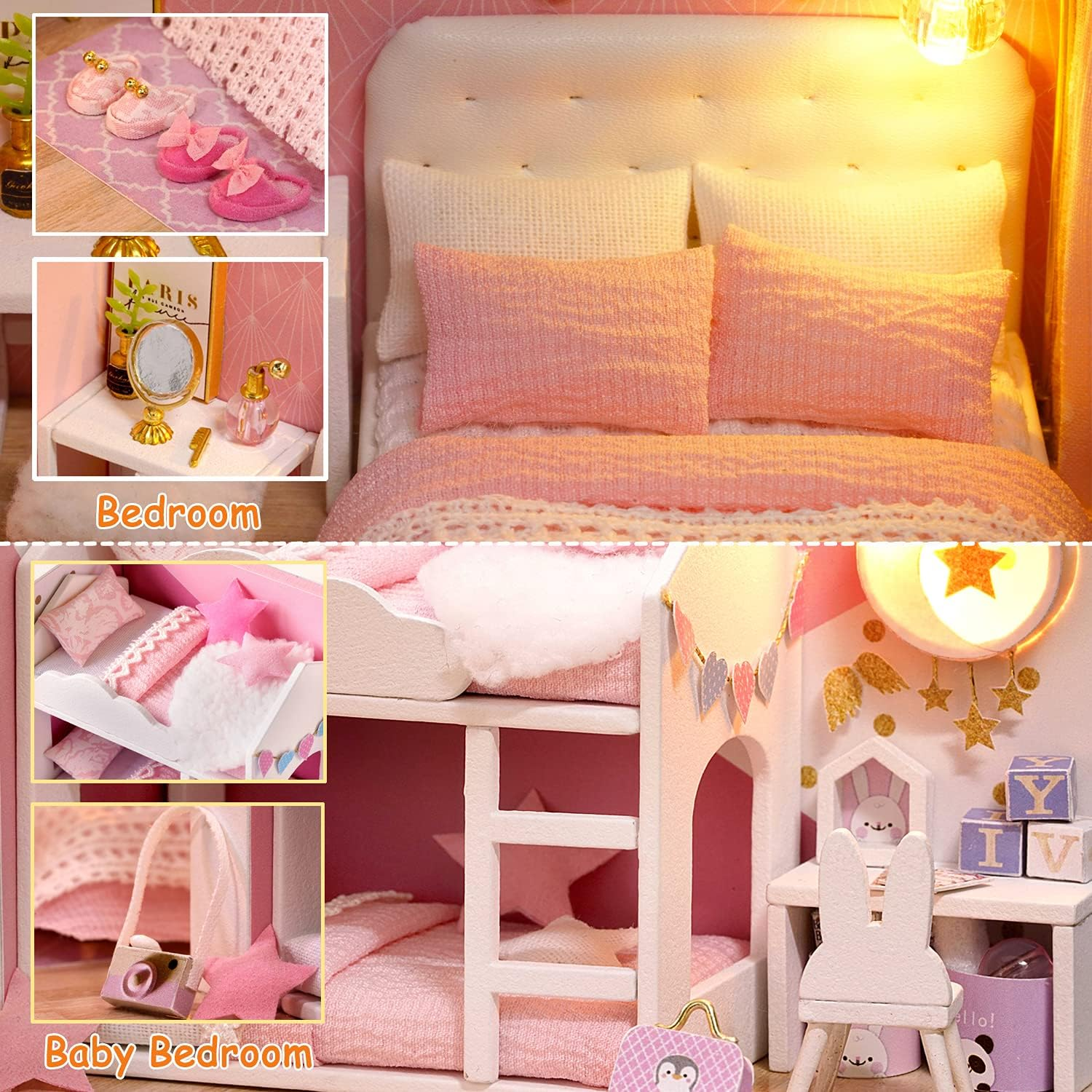 Tukiie DIY Miniature Dollhouse Kit with Furniture, 1:24 Scale Creative Room Mini Wooden Doll House Accessories plus Dust Proof & Music Movement for Kids Teens Adults(Dream Angels) image number 3