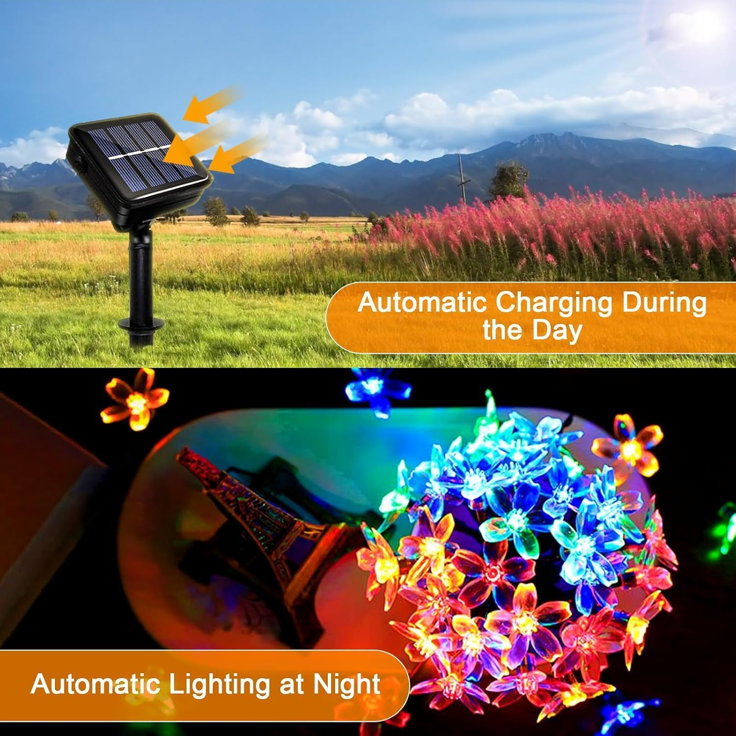 Solar Flower String Lights Outdoor, 12M/39Ft 100 LED Waterproof Cherry Blossom Fairy Lights, 8 Modes Sakura Flower Lights for Garden Christmas Party Decorations(Multi-Colour) image number 7