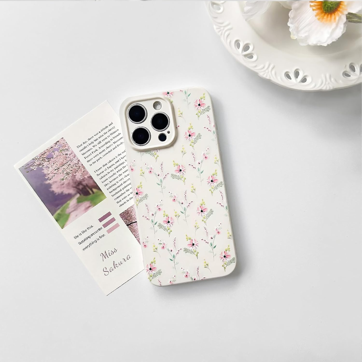 NITITOP Compatible with Iphone 12 Pro Case Cute Pink Flower Floral Aesthetic Design with White Back for Women Girls Trendy Slim Soft TPU Full Camera Shockproof Protective Cover - Pink image number 4