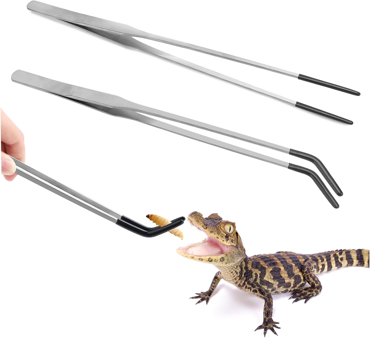 2PCS Stainless Steel Reptile Feeding Tongs with Rubber Tip, 10.6" Straight & Curved Long Tweezers, Perfect for Aquariums & Crafts - Ideal Bearded Dragon & Snake Tank Accessories, Terrarium Supplies