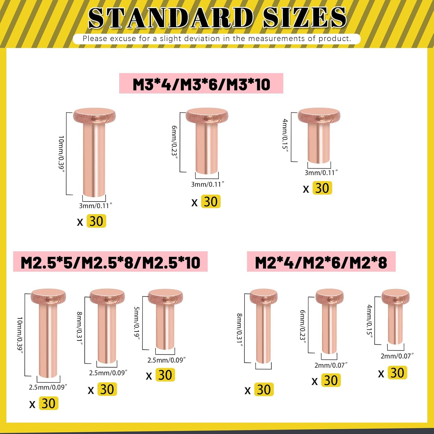 Mardatt 270Pcs Flat Head Copper Solid Rivets Kit, M2 M2.5 M3 Solid Copper Rivets Fasteners, Flat Head Rivets Solid Copper Rivets for Electrical Applications, Leather Working Supplies image number 5
