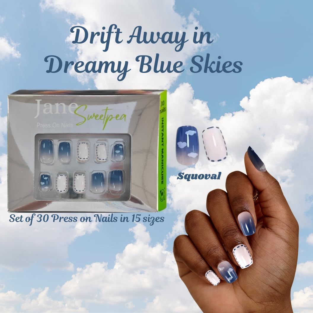 Dreamy Blue Skies Press-On Nails by Jane Sweetpea &ndash; Glossy Sky-Inspired Clouds Design, 30 Reusable Tips, Medium Squoval, Glue, Adhesive Tabs & Manicure Tools Included - Almond, Purple image number 6
