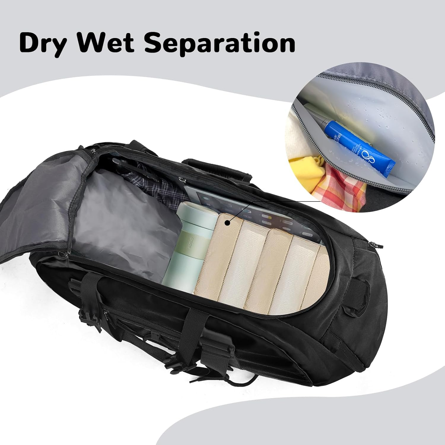 Outplea Sports Bag with Shoe Compartment, Waterproof Sports Backpack Large Men Women Training Bag Travel Gym Duffle Bag Fitness Bag, Black image number 5