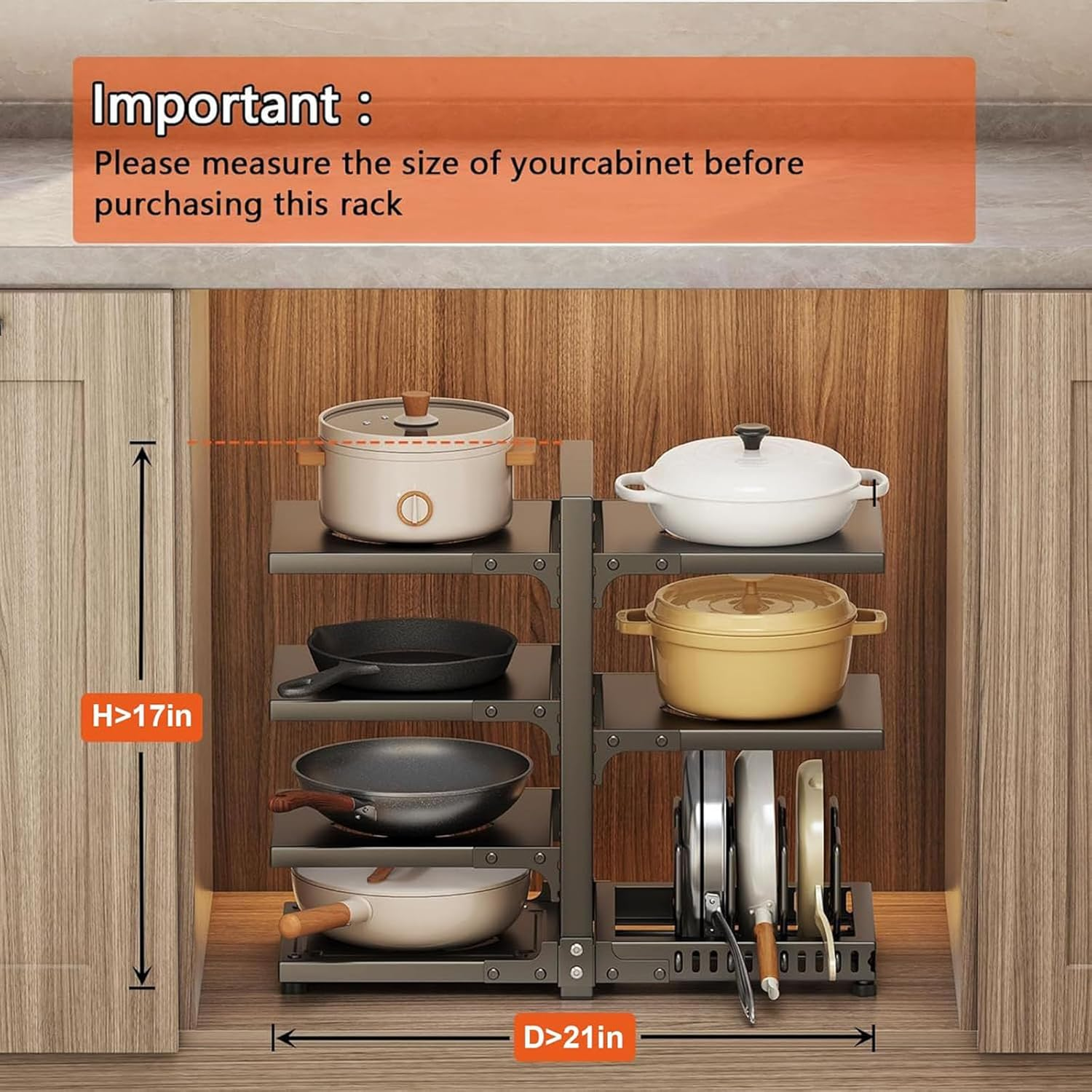 Heyinova Pots and Pans Organizer, 7-Tier Adjustable Pot Rack for Kitchen Cabinet Storage, Heavy Duty under Cabinet Pan Organizer (Black) image number 1