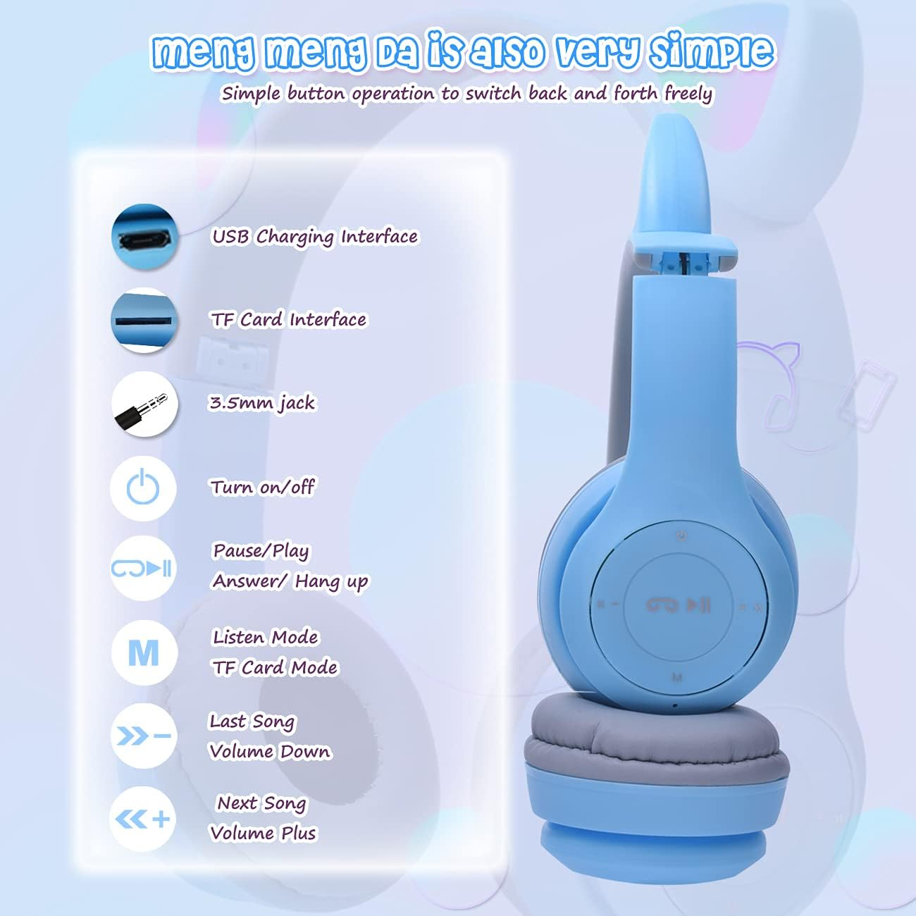 Megadream Children'S Cat Ears Headphones, Bluetooth Headphones, LED Light up Children'S Wireless Foldable Headset, over Ear for Girls/Boys Age 8+ (Blue) image number 6