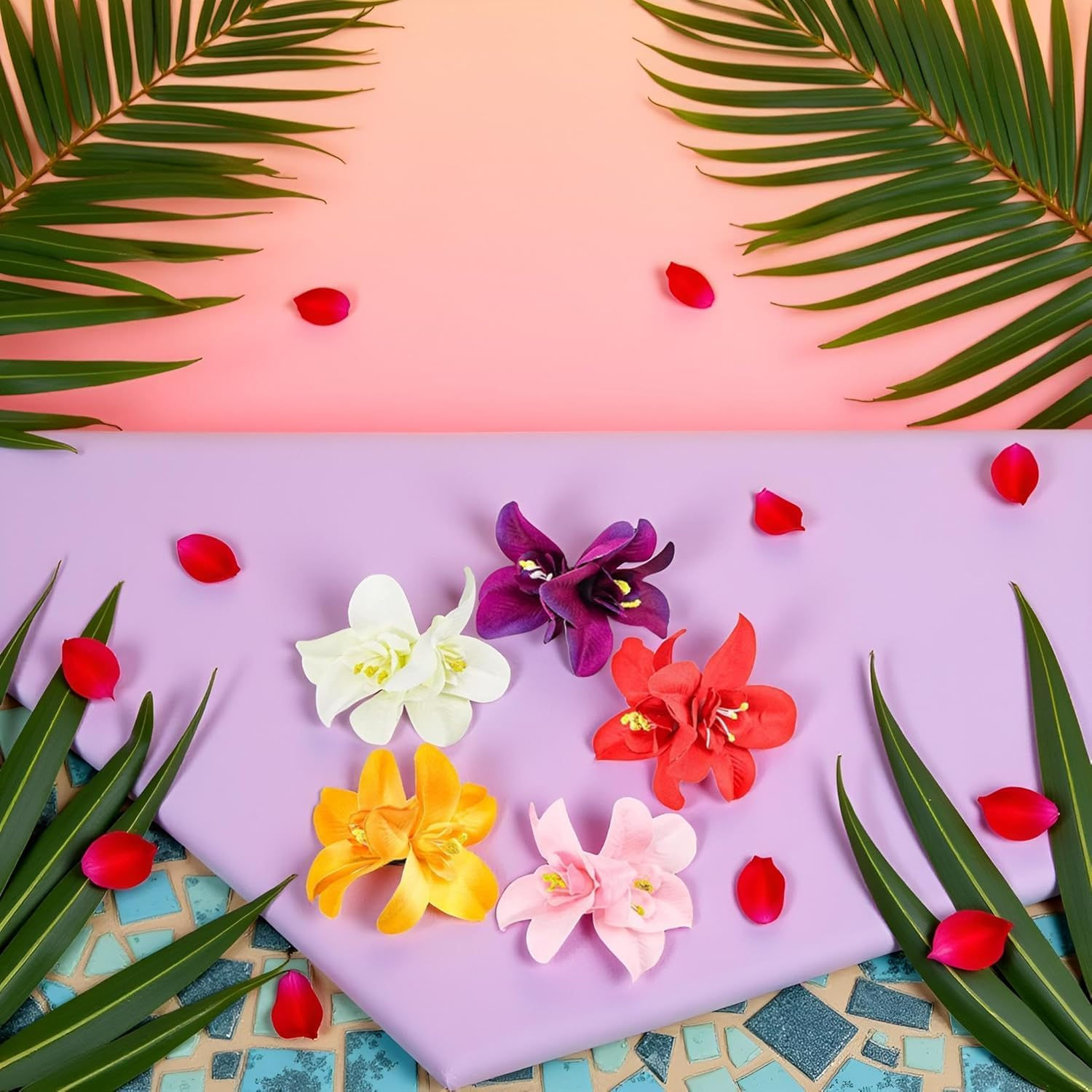 Colorful Artificial Bohemian Hawaiian Hibiscus Plumeria Flower Hair Clips and Barrettes - Seaside Holiday Bridal Hair Accessories image number 1