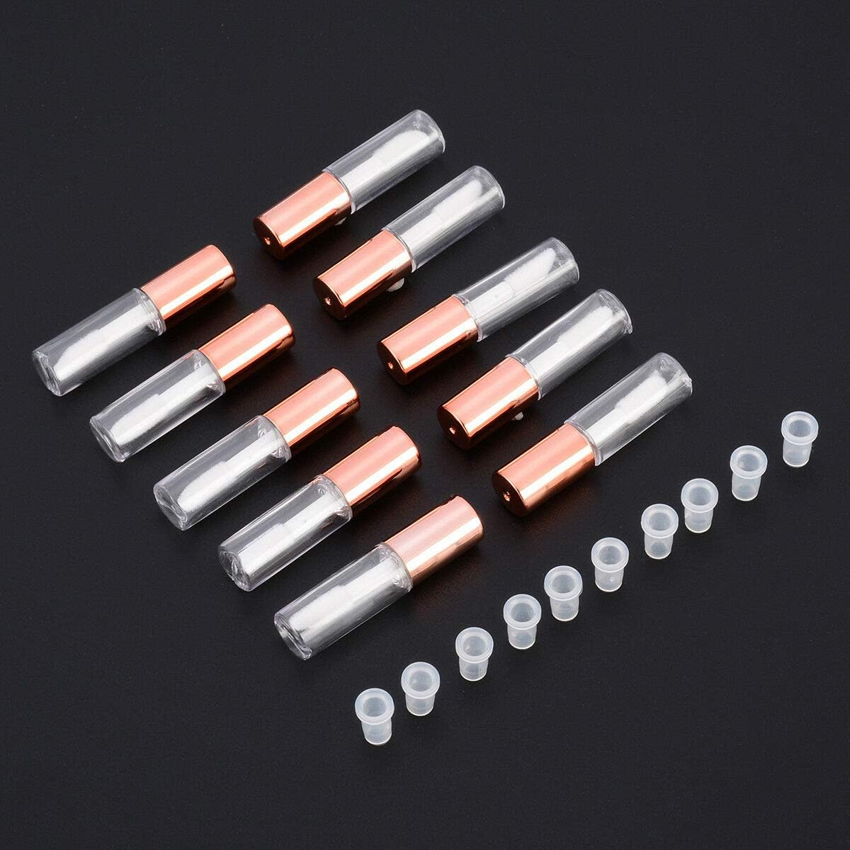 LTKJ 25 Pack 1.2 Ml Pretty Empty Lip Gloss Tubes Containers, Clear Mini Refillable Lip Balm Bottles with Rubber Inserts and 3Pcs Transfer Pipettes for Lip Samples Travel DIY Makeup (Rose Gold)
