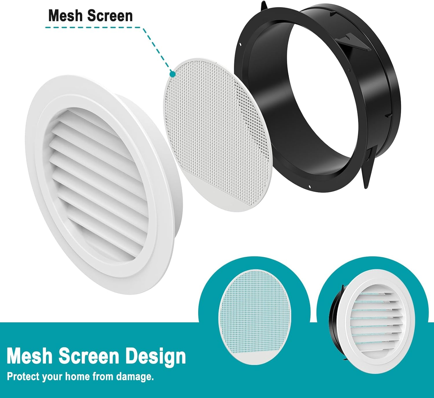 HG Power round Air Vent ABS Louver Grille Cover White Soffit Vent with Built-In Fly Screen Mesh for Bathroom Office Kitchen Ventilation, Black, PI025, 110.00V image number 2