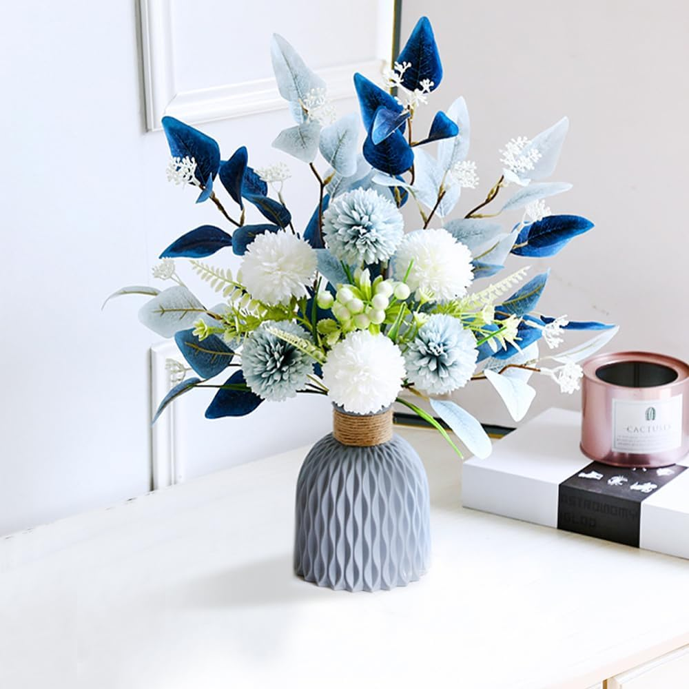 Artificial Flowers Set Hydrangea Eucalyptus Leaf Faux Plant Bulk Flower Leaf with Stems for DIY Centerpieces Wedding Party Home Decorations (Blue White)