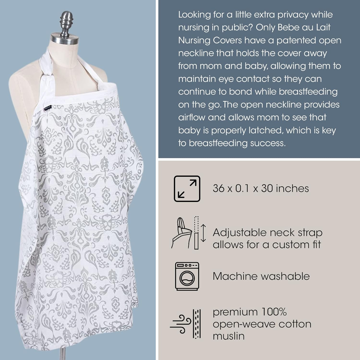 Bebe Au Lait Premium Muslin Nursing Cover, Lightweight and Breathable, Open Neckline, One Size Fits All - Atherton