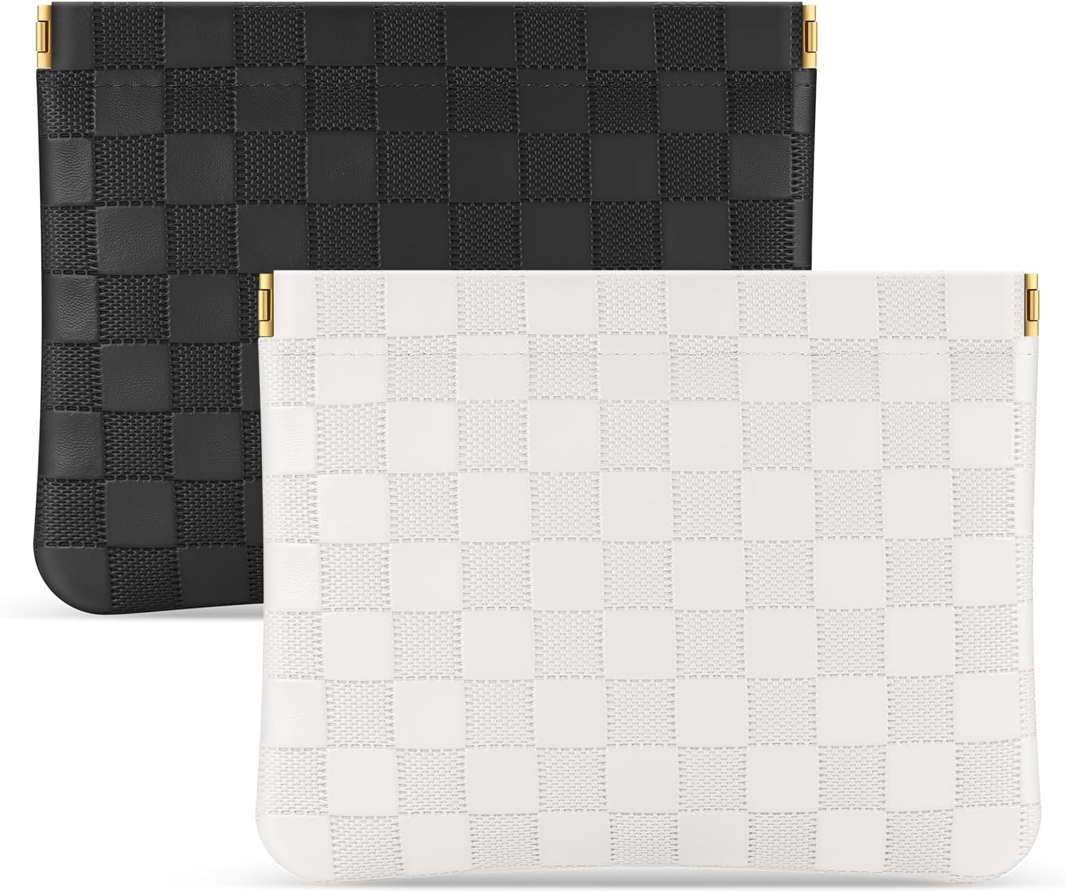 Sightor 2PCS Pocket Cosmetic Bag for Purse, Checkered Makeup Bag Portable Leather Cosmetic Bag for Women, Coin Purse Lipstick Cosmetic Accessories Organizer Travel Cosmetic Pouch, Black, Beige, L,