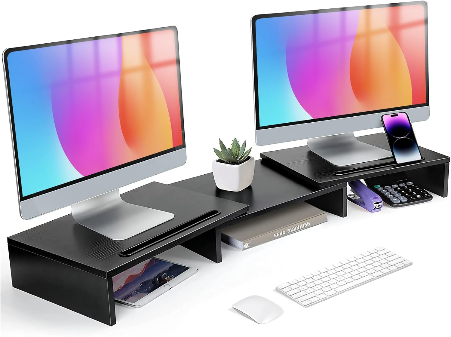 DAWNTREES Dual Monitor Stand Riser 3 Shelf Screen Stand with Adjustable Length and Angle, 2 Extra for PC, Computer, Laptop