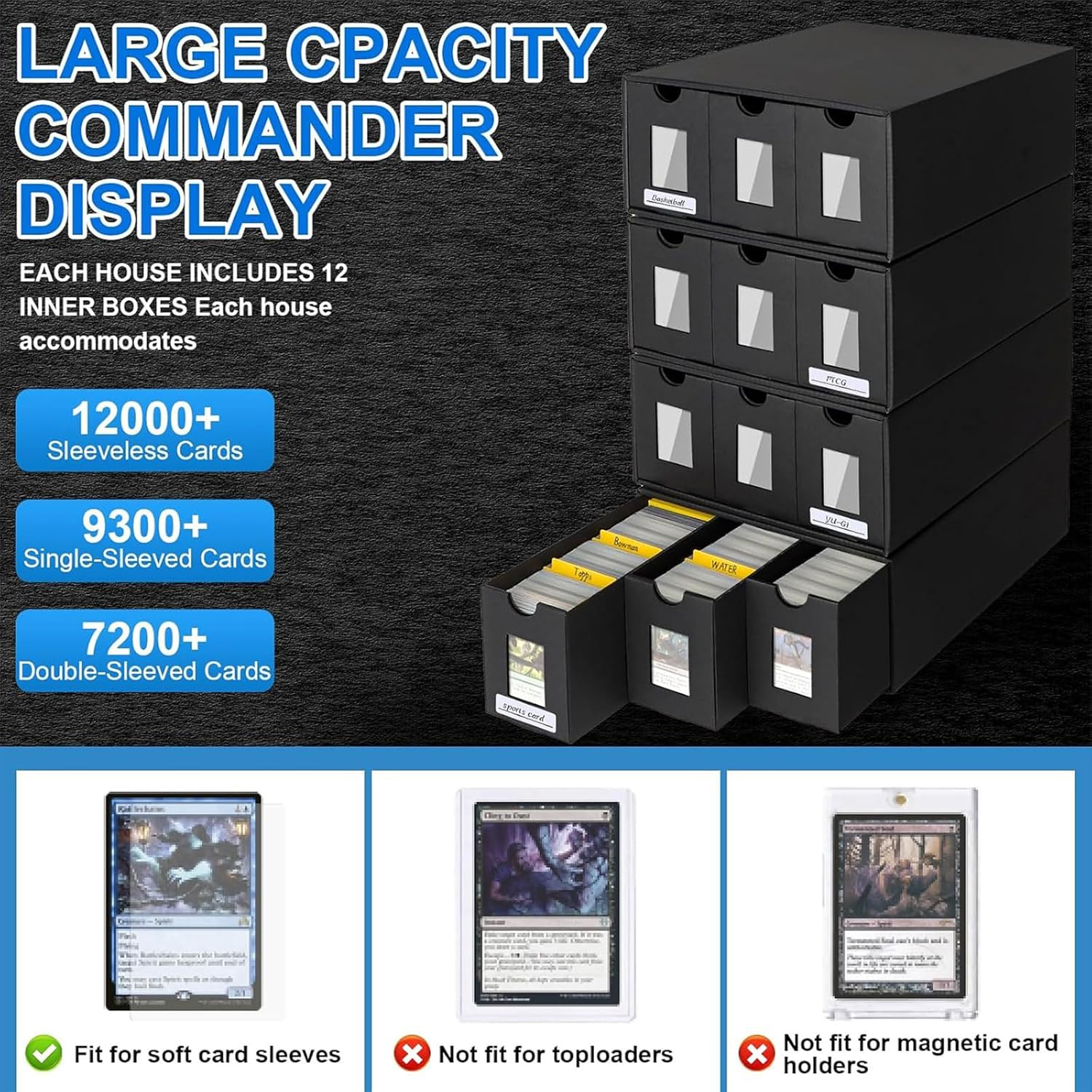 Trading Card Storage Box,12000+ Commander Display, Cards Deck Box Cardboard with 48 Dividers, Labels & Tapes, Trading Card Collection Box Fit for TCG, PTCG, MTG and Sport (12-600 CT Boxes) image number 6