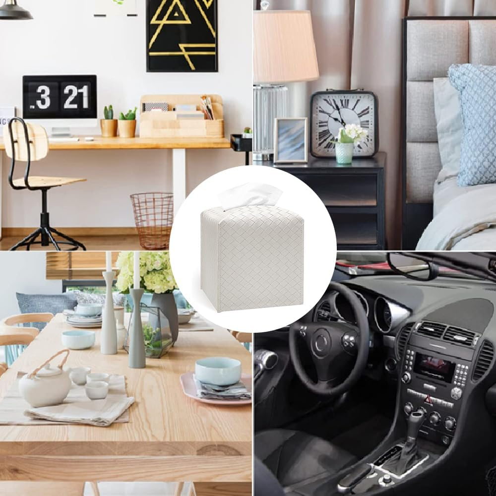 HYAVIA 2PCS PU Leather Tissue Box Cover &ndash; Square Tissue Holder with Braided Pattern and Bottom Strap, Modern Facial Tissue Organizer for Bathroom, Car, Office, Tabletop, Pearl White image number 6