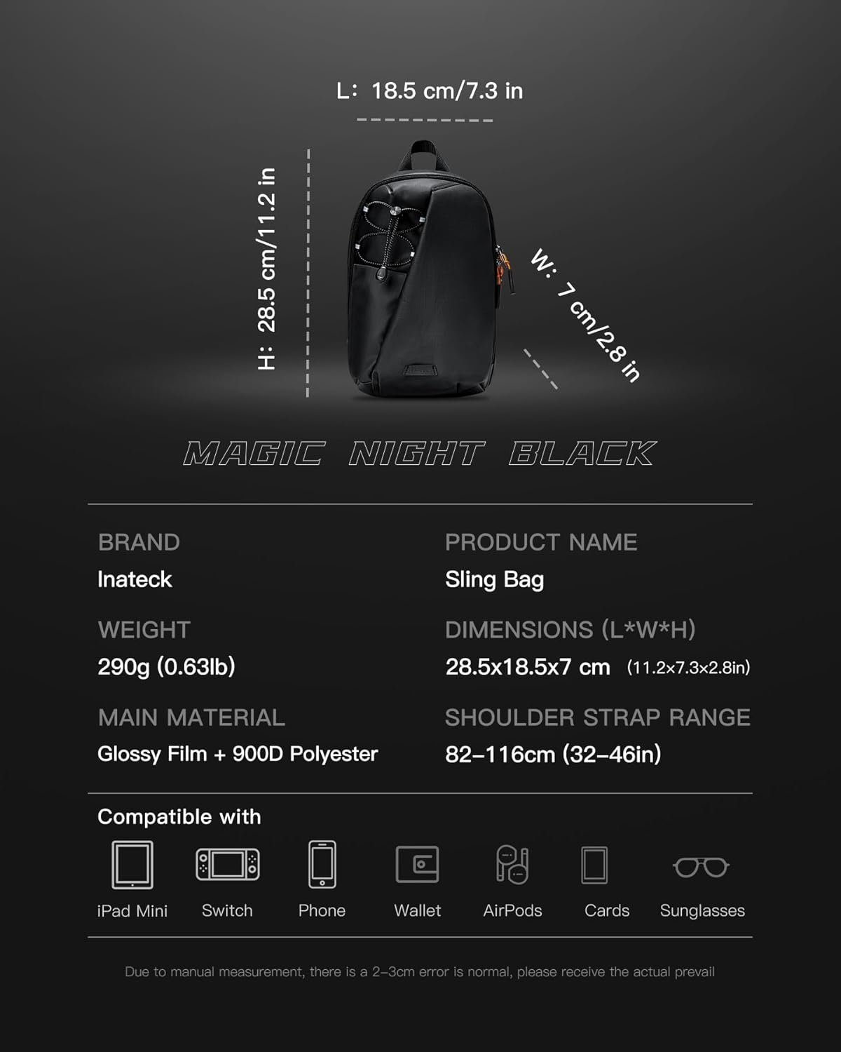 Inateck Sling Bag X-Row with RFID Blocking, Lightweight Fanny Pack, Water-Resistant Shoulder Bag for Men and Women, Sling Backpack - Black image number 3