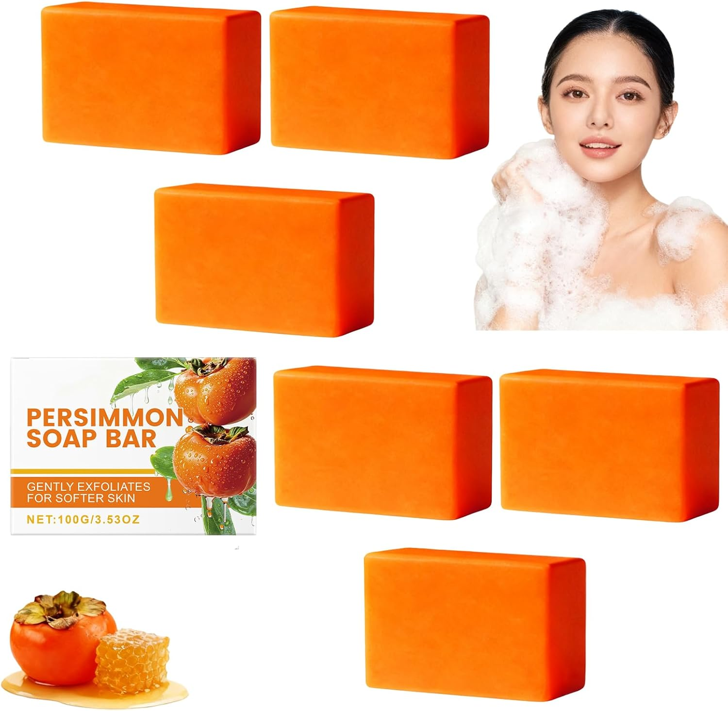 Persimmon Soap Bar for Body Odour Removal, Deodorant Bath Soap for Men & Women, Cleansing & Moisturising Face & Body, Exfoliating Bars with Persimmon & Honey, Light Scent for Smooth Skin (6Pcs) - 2Pcs image number 3
