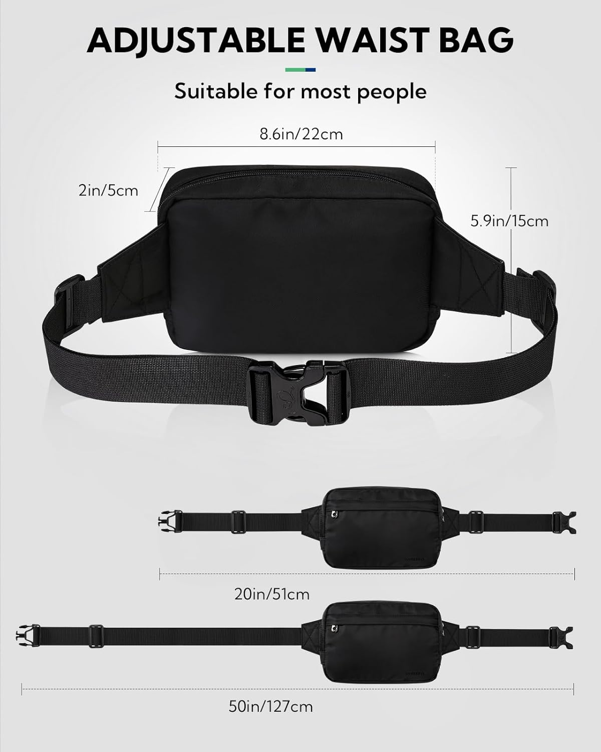 WATERFLY Fanny Pack Waist Bag: Belt Bag for Women Men Crossbody Bags Theft Fashion Waist Packs for Hiking Running Travel Walking, Black, Small, Belt Bag image number 2