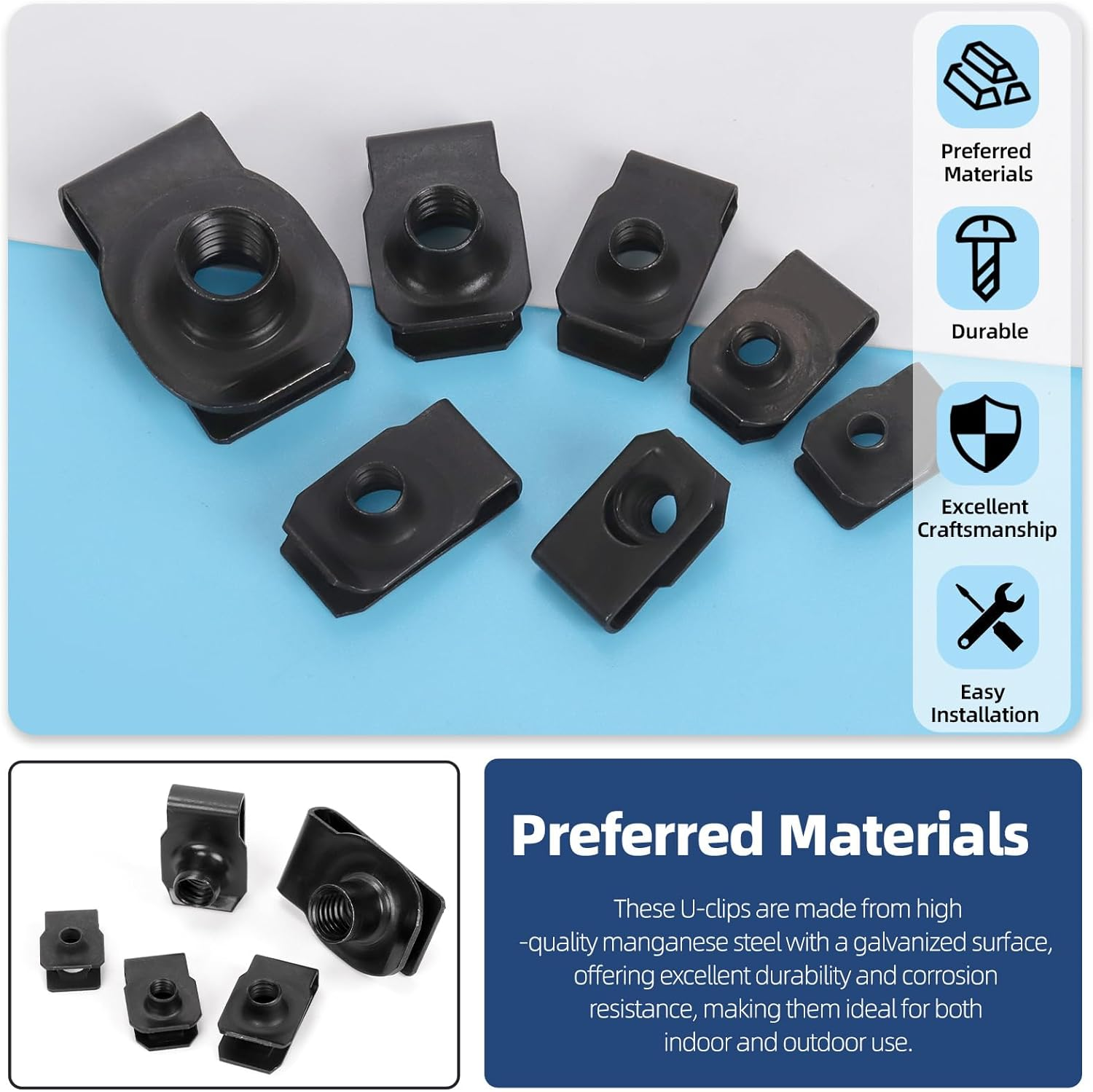 Glarks 50Pcs M4 M5 M6 M8 M10 U-Style Clip-On Nuts Set, Black Carbon Steel Thread Clip Nut, U Nuts Clamp Set, U-Shaped Nut, Automotive U-Clips for Engine, Fender, Bumper, Dash, Interior Trim Panels - Gold image number 4