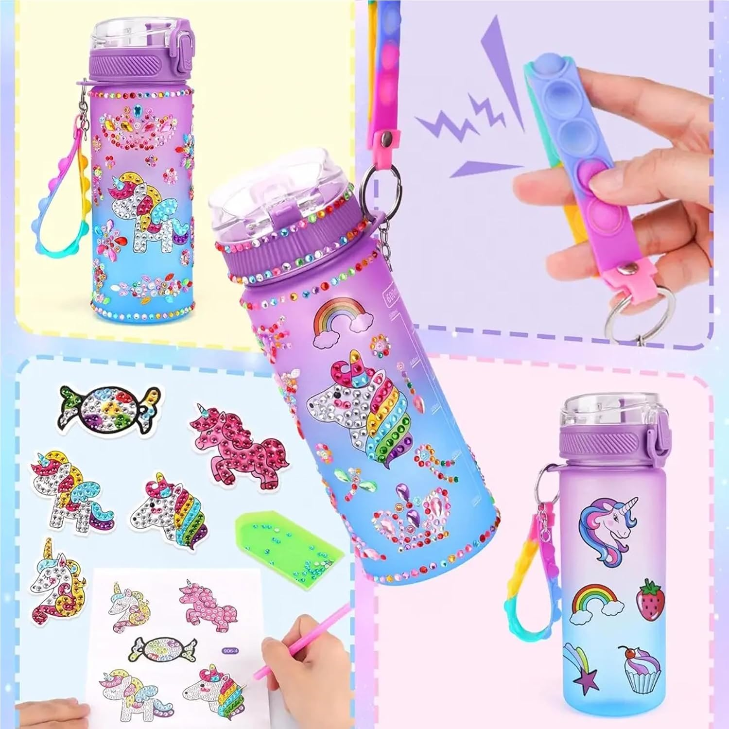 Unicorn Decorate Your Own Water Bottle Kits, Gifts for Girls Age 5 6 7 8 9: Craft Kits for Kids 6-12 Girls Toys 4-12 Year Old Kids Birthday Present for 8-9-10-11 Children Diamond Art Stickers image number 4