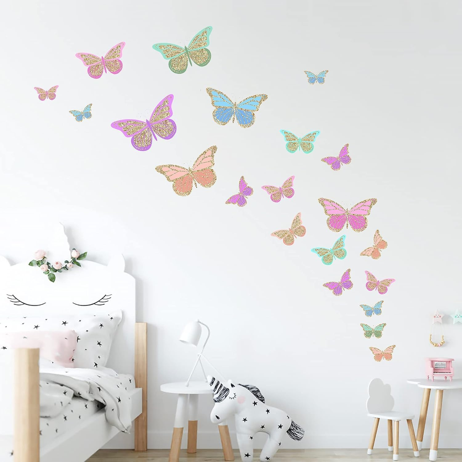 Glow Butterfly Wall Decor Stickers, 58Pcs Luminous Butterfly Wall Decals, Colorful Wall Art, DIY Glow in the Dark Wall Decals for Kids, Girls Bedroom, Bathroom Decorations (Sky Blue) image number 5